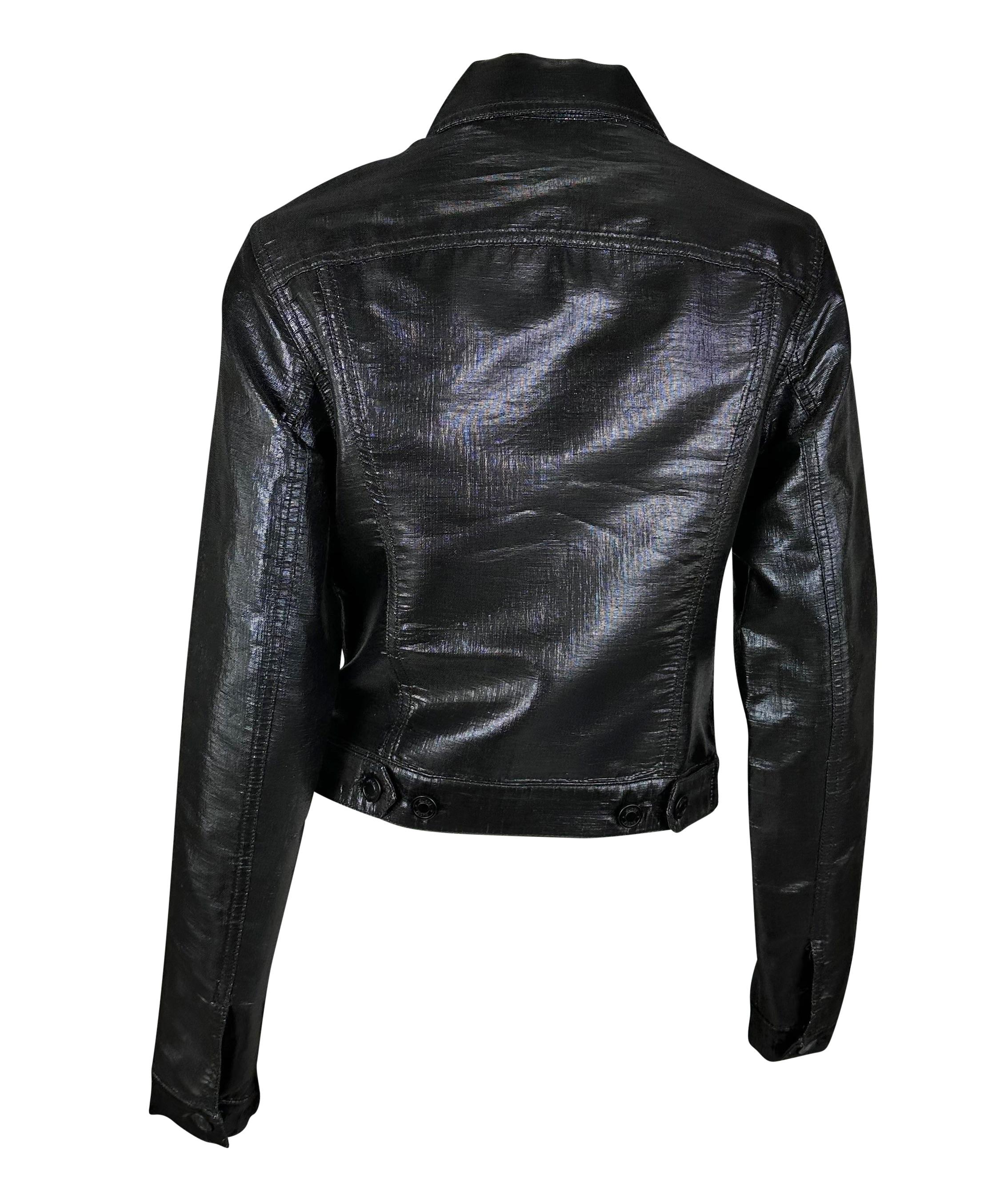 Black 2001 Gucci by Tom Ford Navy Lurex Metallic Denim Trucker Logo Button Jacket For Sale