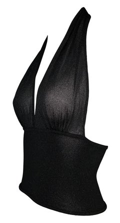 2001 Gucci by Tom Ford Sheer Black & Gold Knit Plunging Halter Cop Top