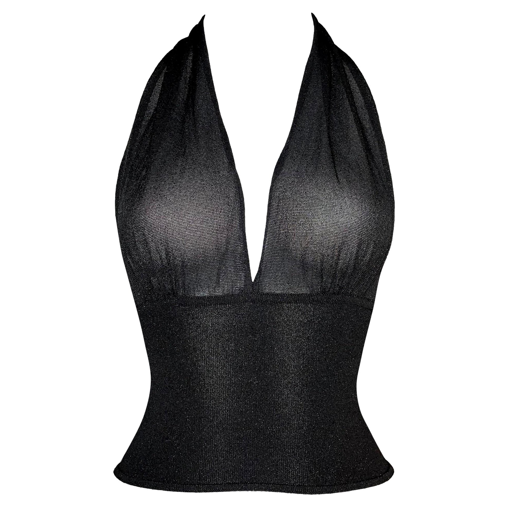 2001 Gucci by Tom Ford Sheer Black & Gold Knit Plunging Halter Cop Top