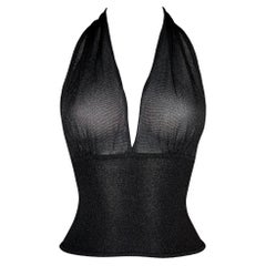 2001 Gucci by Tom Ford Sheer Black & Gold Knit Plunging Halter Cop Top