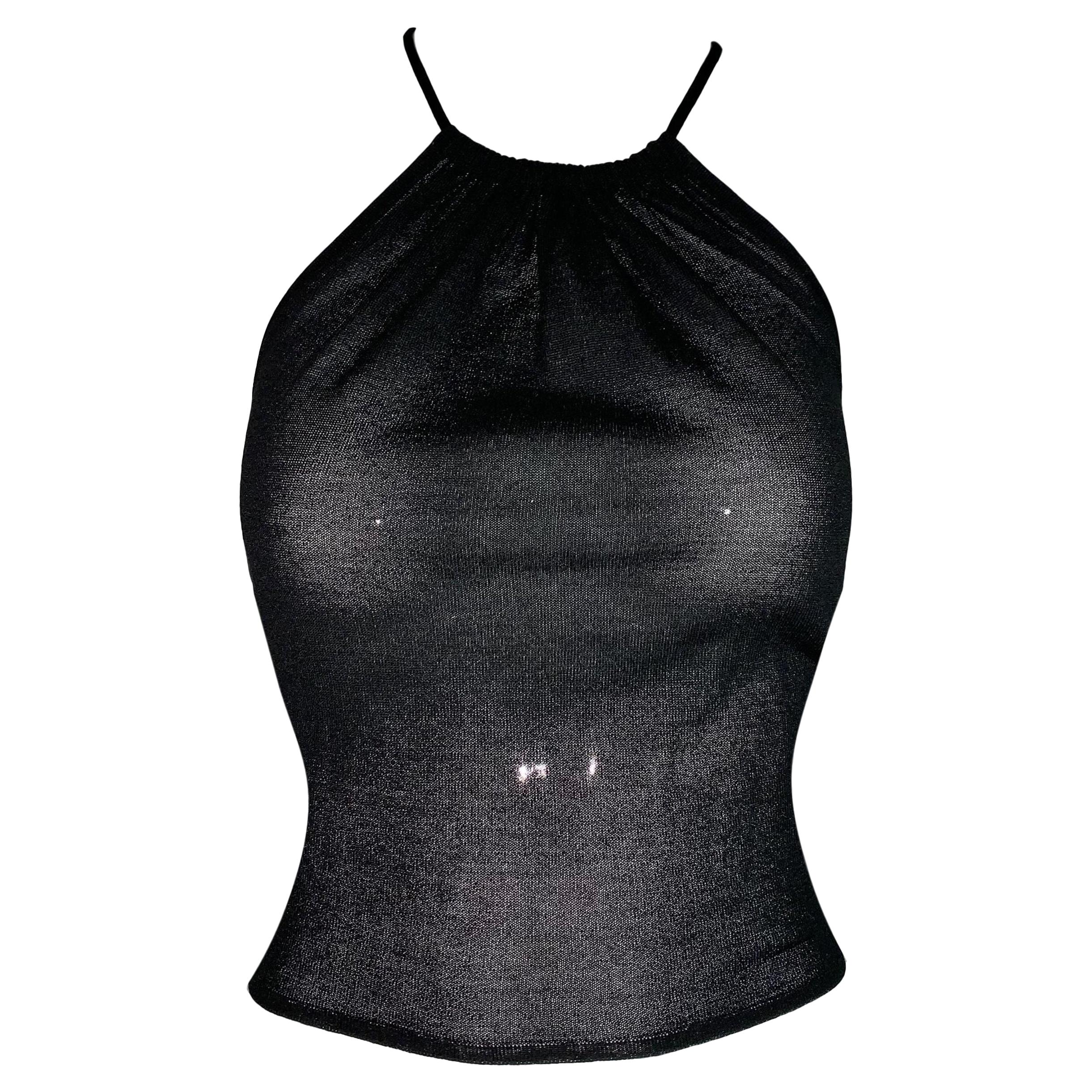 2001 Gucci by Tom Ford Sheer Black Silk Knit Backless Halter Crop Top