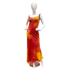 2001 JOHN GALLIANO CHRISTIAN DIOR Red & Orange Silk Chiffon Gown With Snake Ski