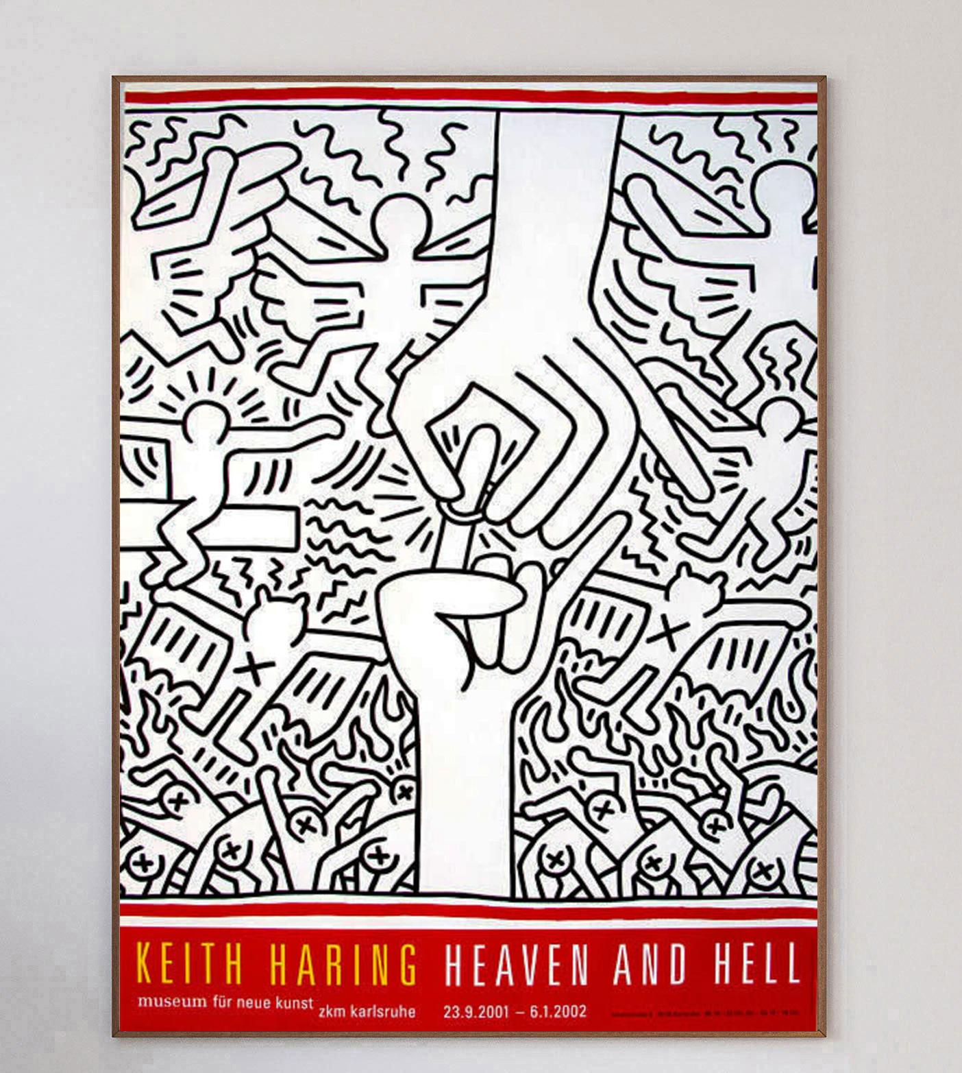 Brillante affiche d'exposition originale pour l'exposition Keith Haring au ZKM Karlsruhe en Allemagne. Organisée entre septembre 2001 et janvier 2002, l'exposition 