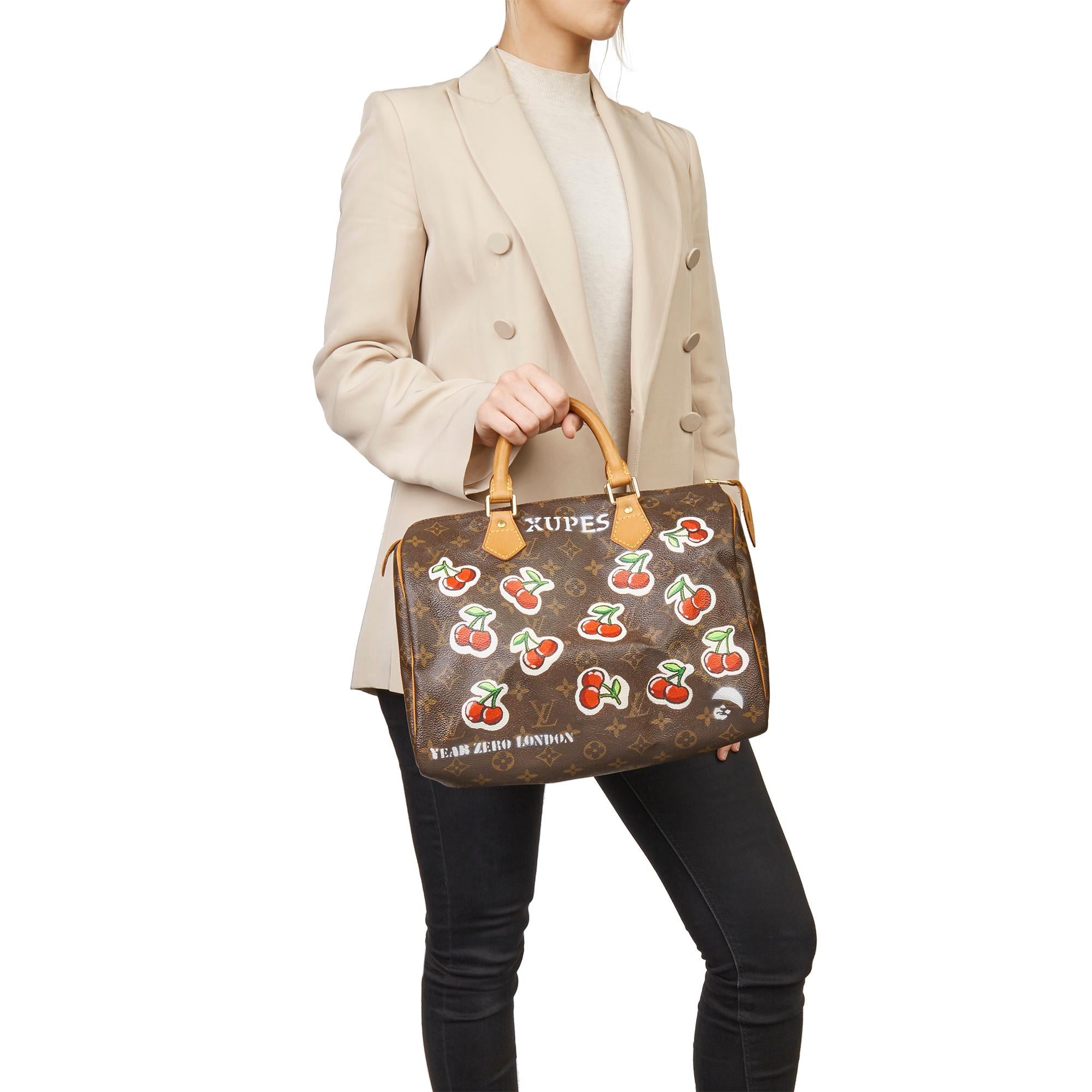 2001 Louis Vuitton peint à la main  Cherries Brown Monogram Toile enduite Speedy 30 en vente 6