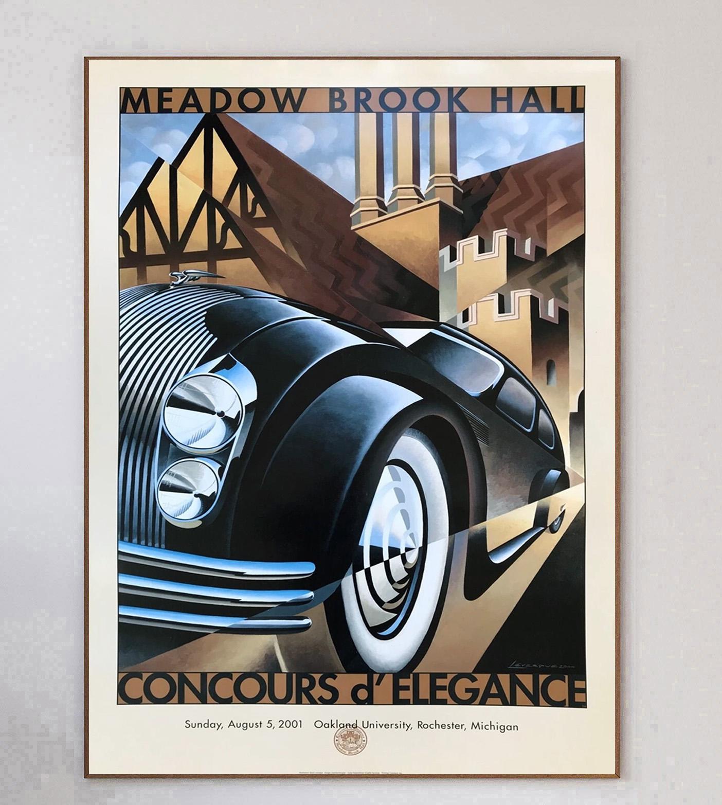 Precioso cartel de estilo art déco creado para el Concurso de Elegancia 2001 en Meadow Brook Hall, Michigan, EEUU. Con elegantes ilustraciones de A. Levesque, la pieza está en excelente estado.

Desde 1979, Meadow Brook Hall ha acogido una de las