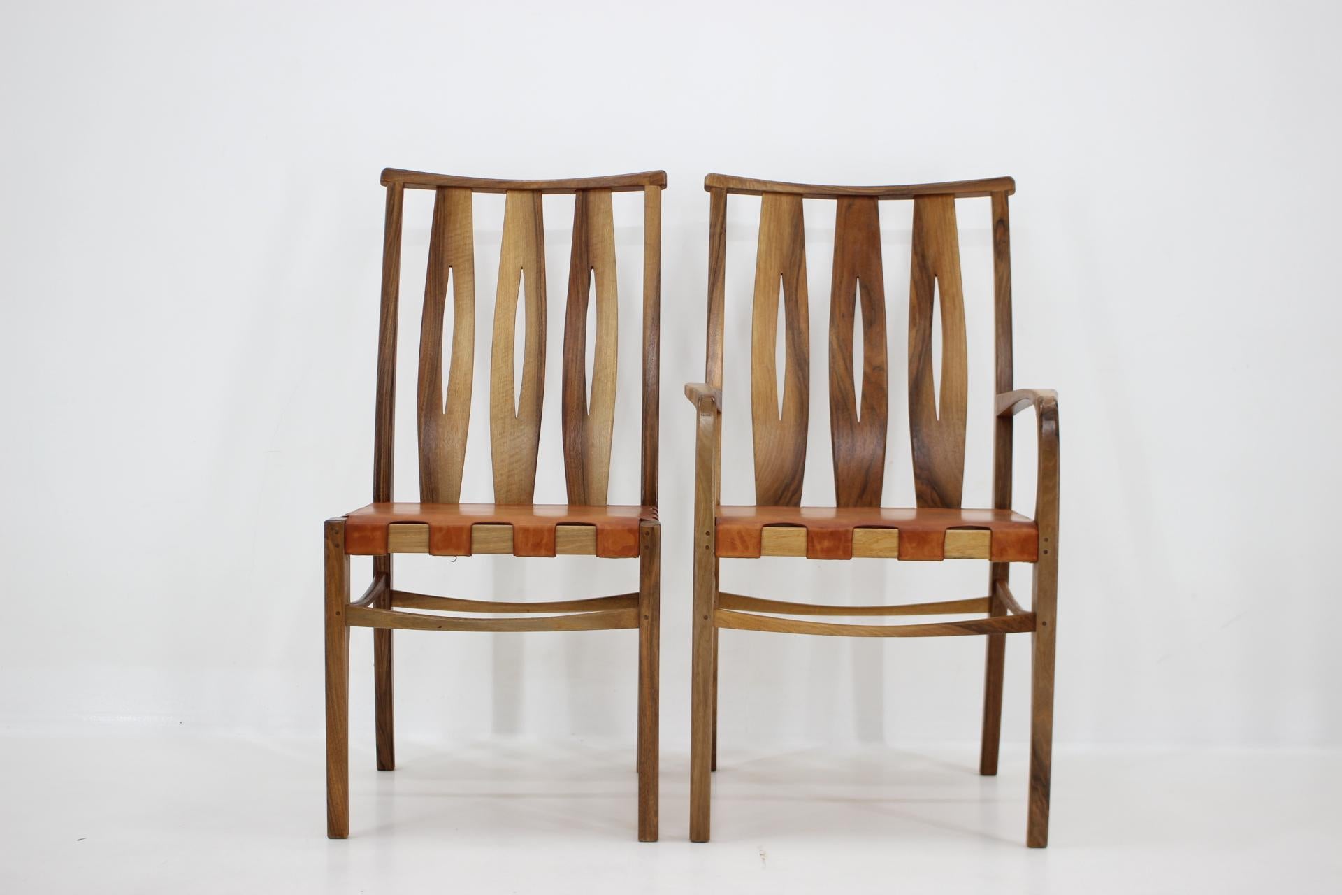 Mid-Century Modern 2001 One of a Kind Custom Made Set of Walnut and Leather Dining Chairs, Set of 6 For Sale