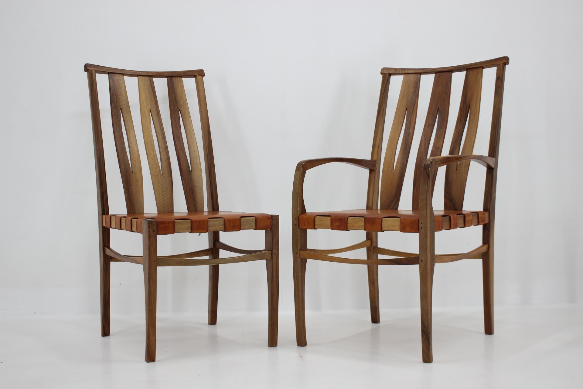 Dutch 2001 One of a Kind Custom Made Set of Walnut and Leather Dining Chairs, Set of 6 For Sale