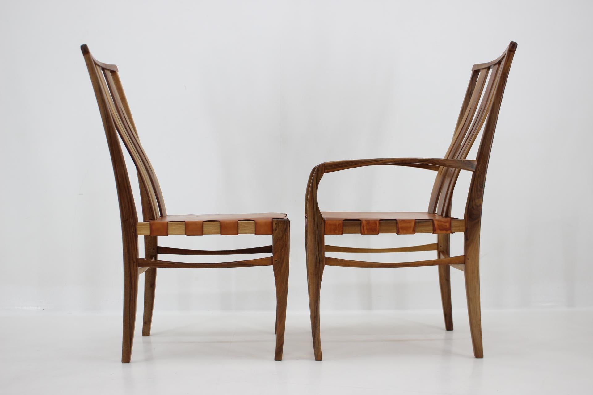 Contemporary 2001 One of a Kind Custom Made Set of Walnut and Leather Dining Chairs, Set of 6 For Sale