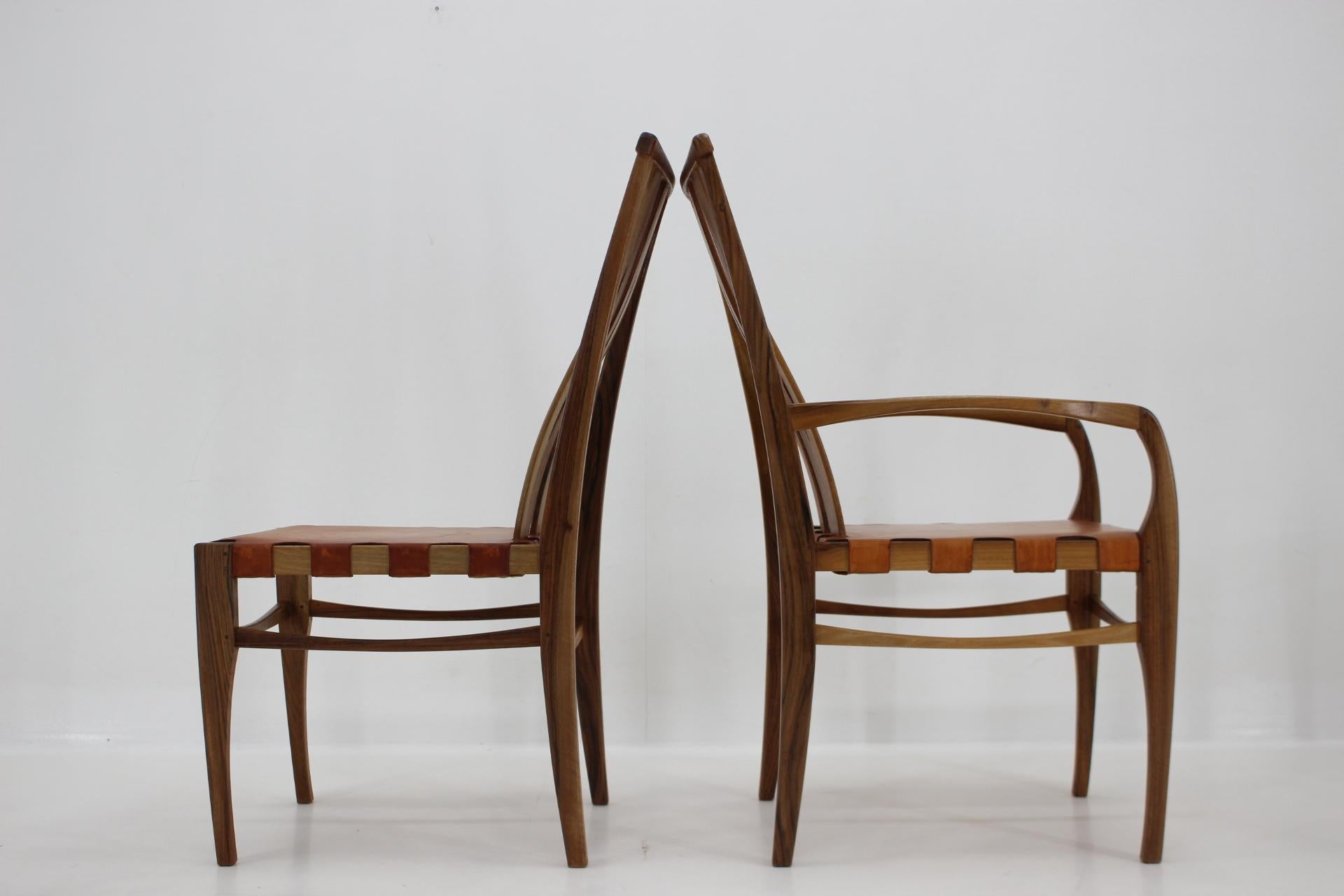 2001 One of a Kind Custom Made Set of Walnut and Leather Dining Chairs, Set of 6 For Sale 1