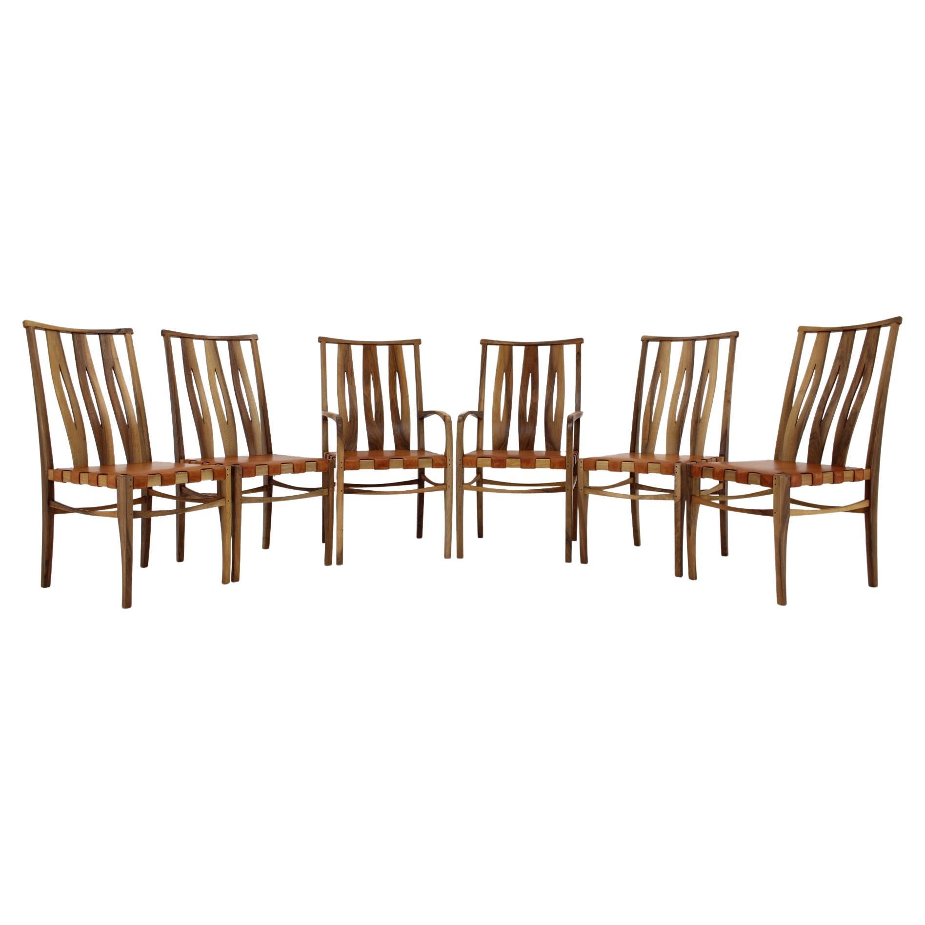 2001 One of a Kind Custom Made Set of Walnut and Leather Dining Chairs, Set of 6 For Sale