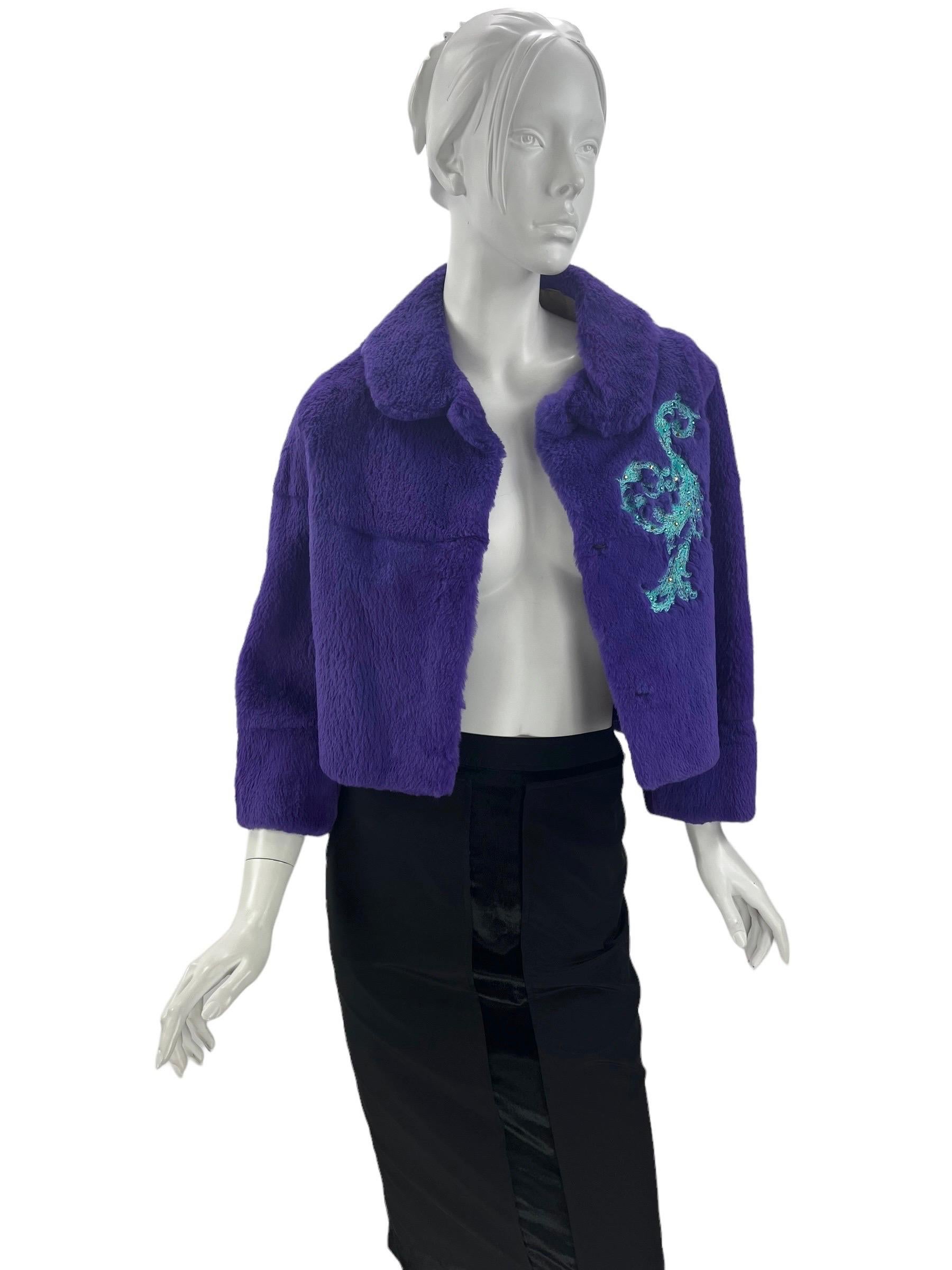 2001 Rare Vintage Versace Lapin Fur Jacket with Crystal Embellished Embroidery S In New Condition For Sale In Montgomery, TX