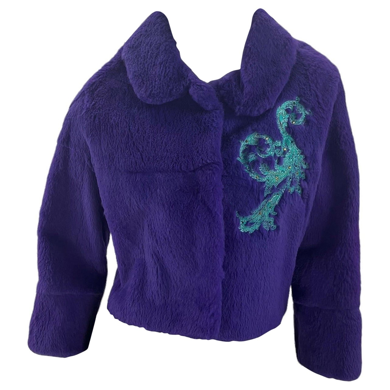 2001 Seltene Vintage Versace Lapin Pelzjacke mit kristallverzierter Stickerei S im Angebot