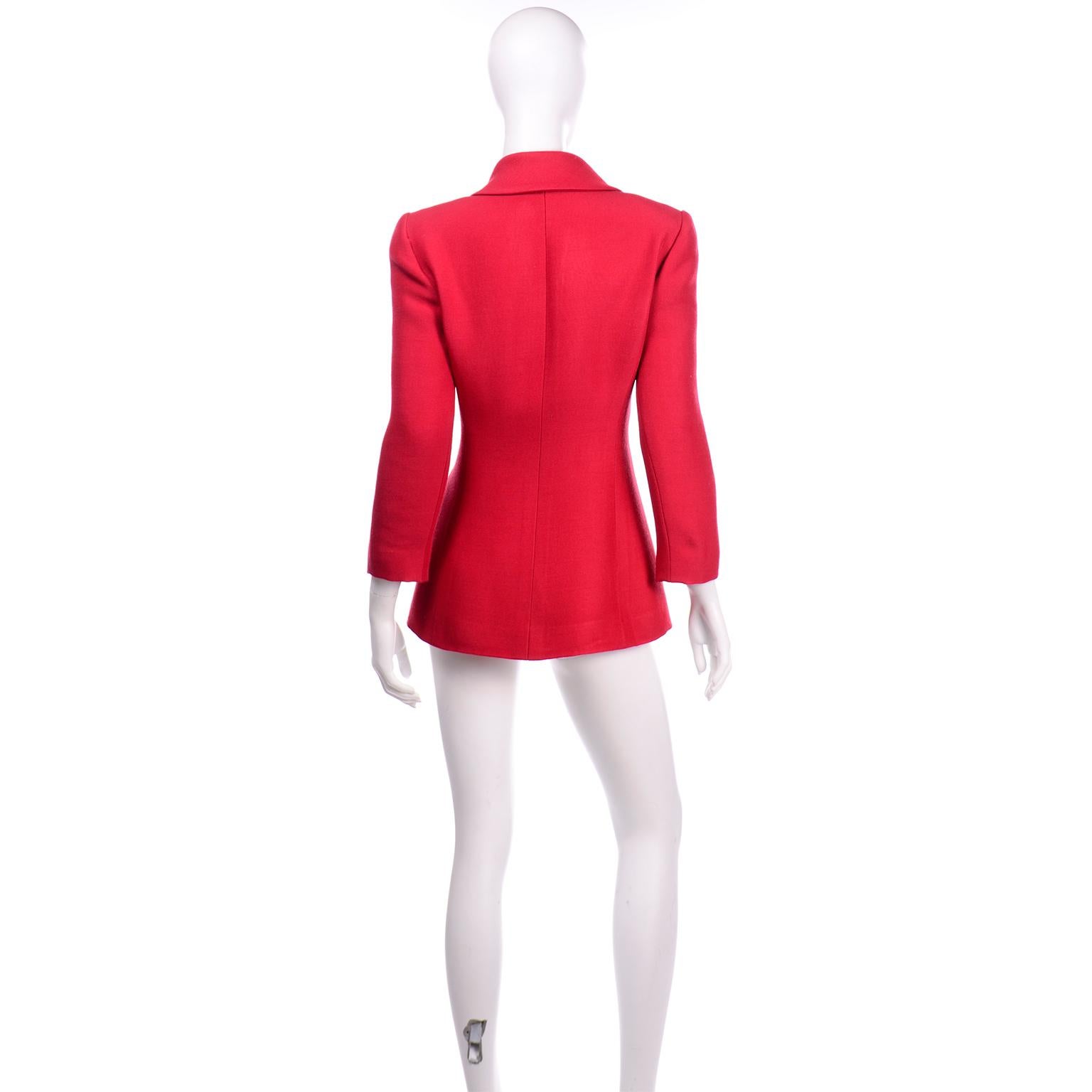 2001 Red Wool Blend Chanel Blazer Jacket W Notch Collar and CC Button Closure 1