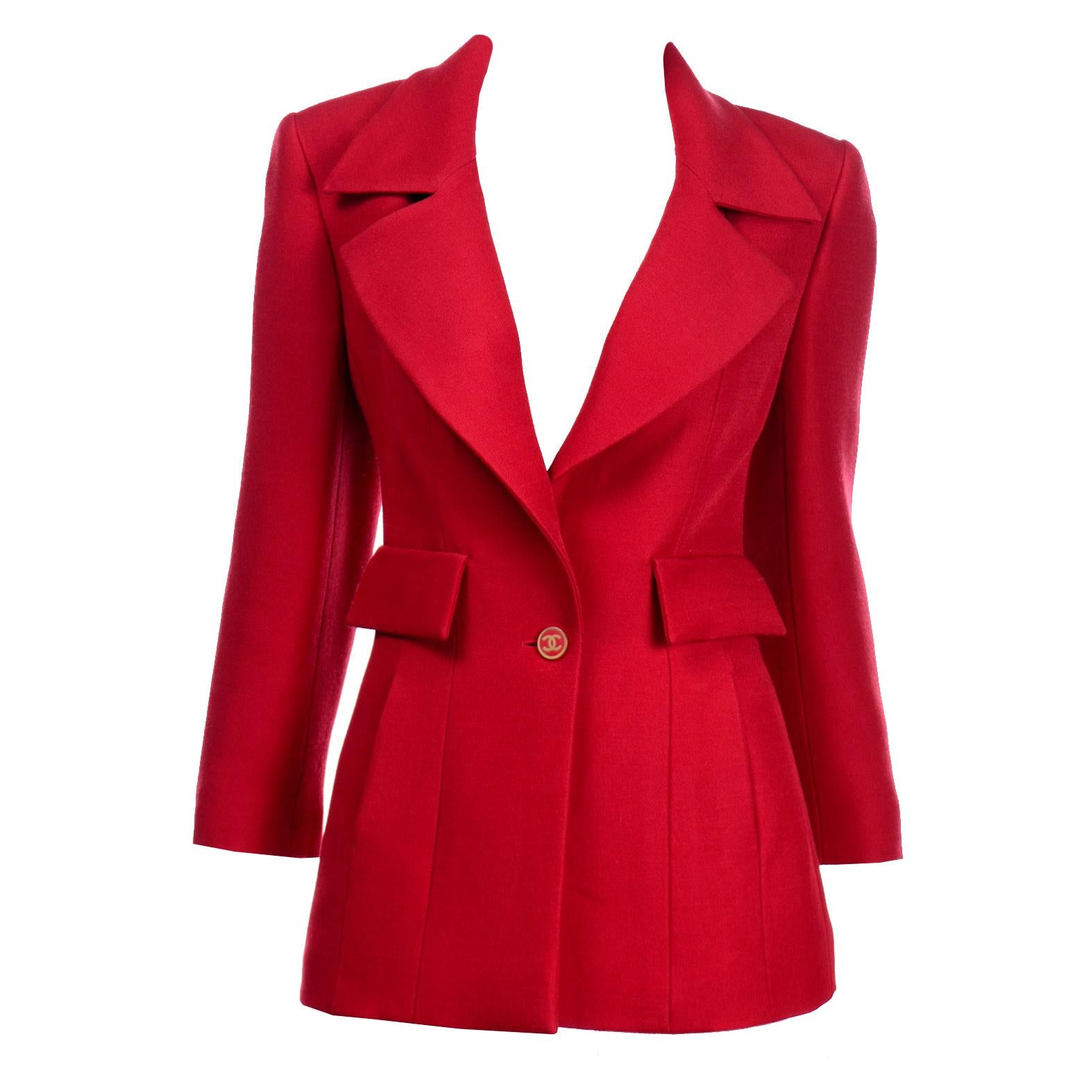 2001 Red Wool Blend Chanel Blazer Jacket W Notch Collar and CC Button Closure