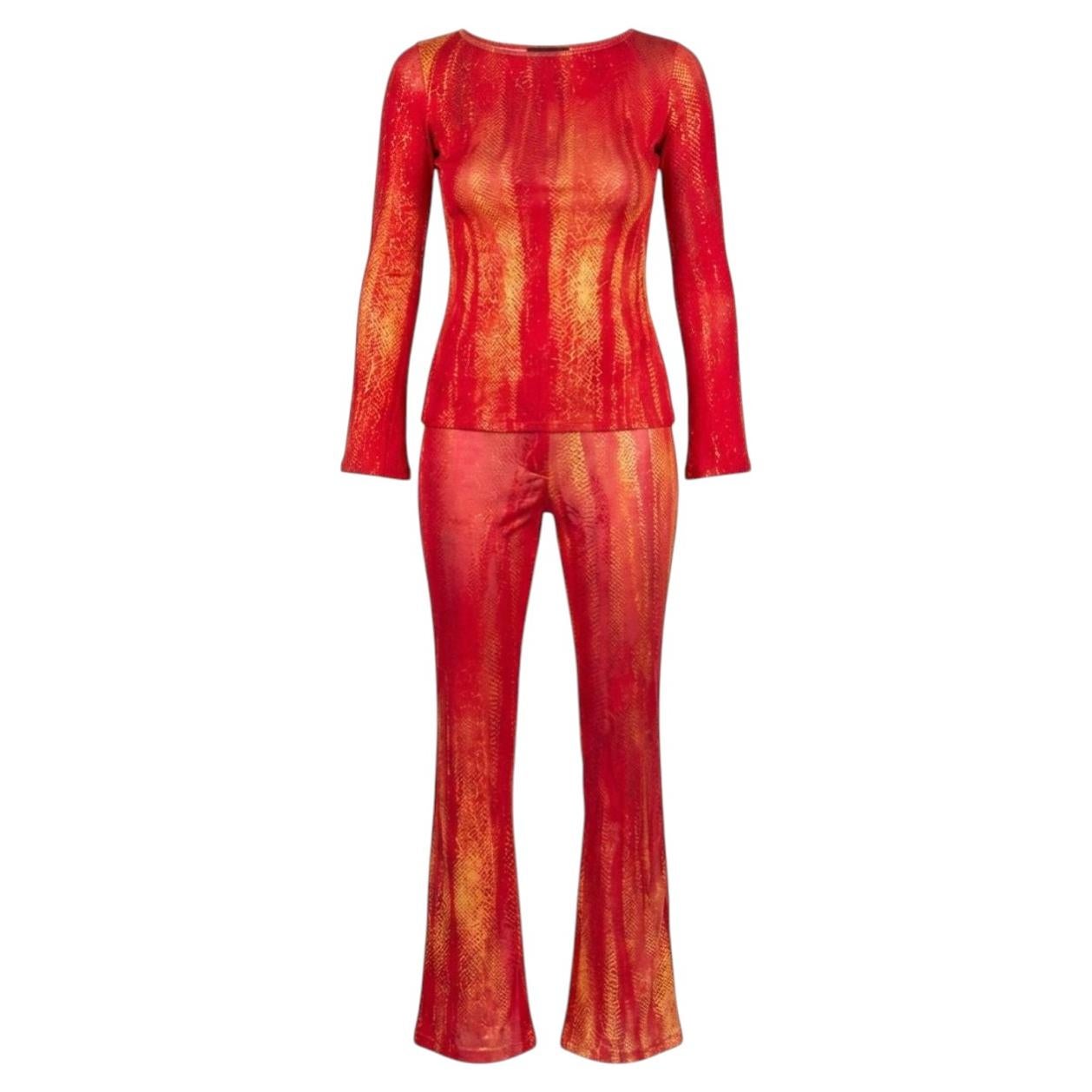 2001 Roberto Cavalli Class "Fire Python" Red & Orange Print Top & Trousers Set