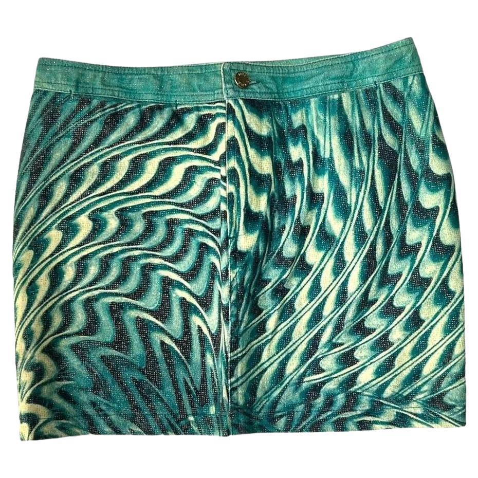 2001 Roberto Cavalli Teal Blue Psychedelic Print Cotton Mini Skirt For Sale