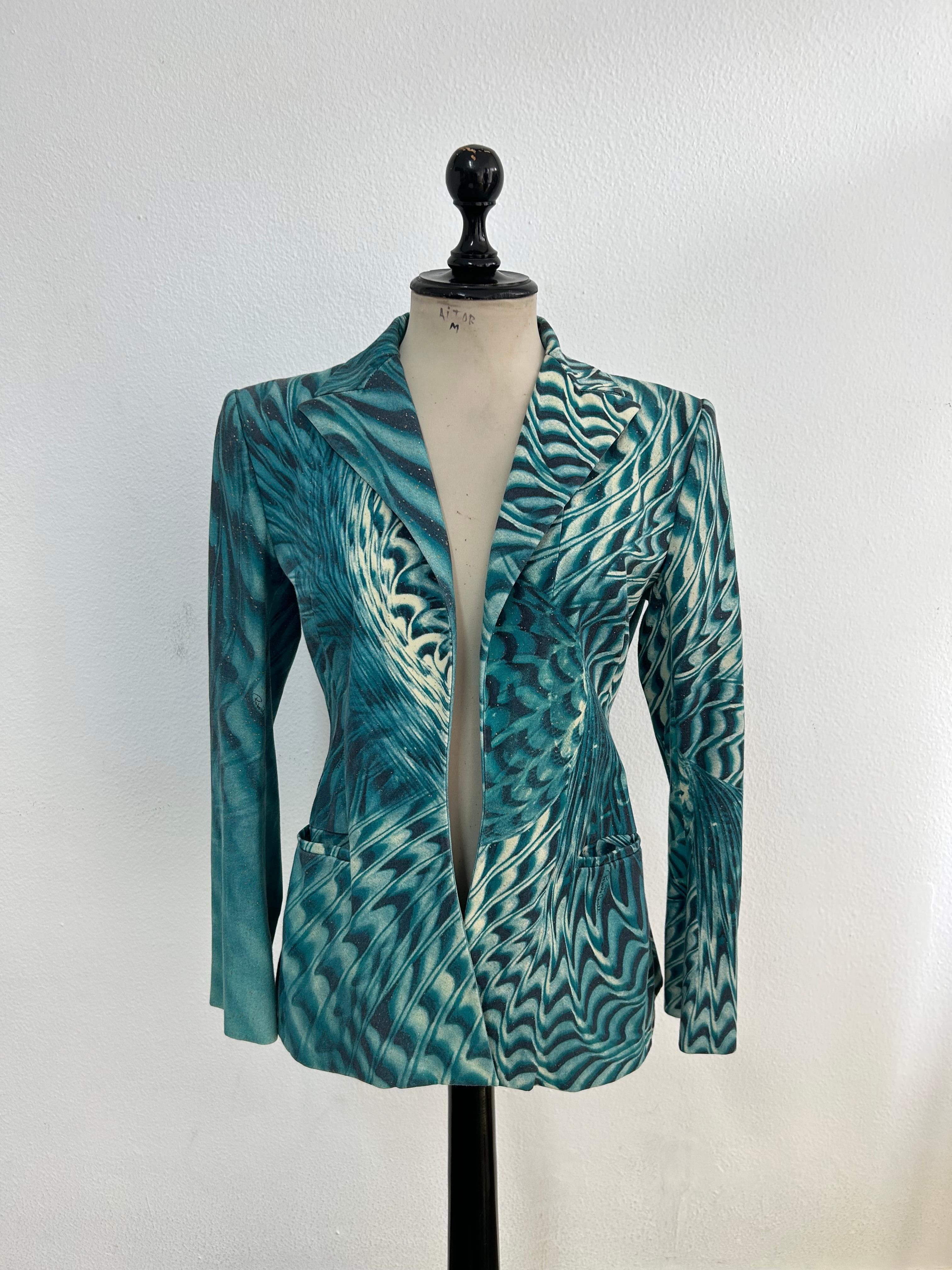 2001 Roberto Cavalli Teal Blue Psychedelic Print Cotton Twill Blazer In New Condition For Sale In BARCELONA, ES