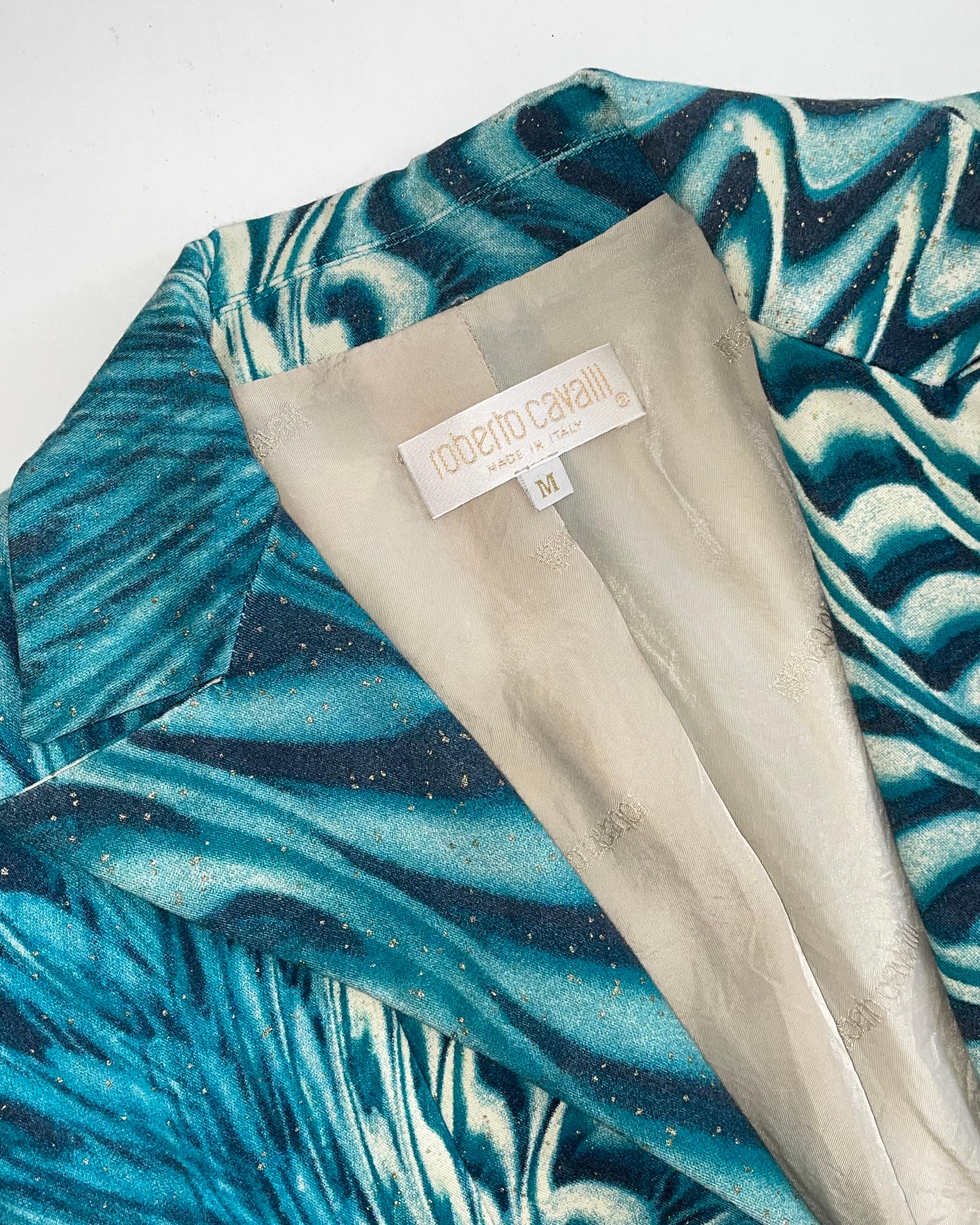 2001 Roberto Cavalli Blazer aus Baumwollköper mit psychedelischem Druck in Türkisblau Damen im Angebot
