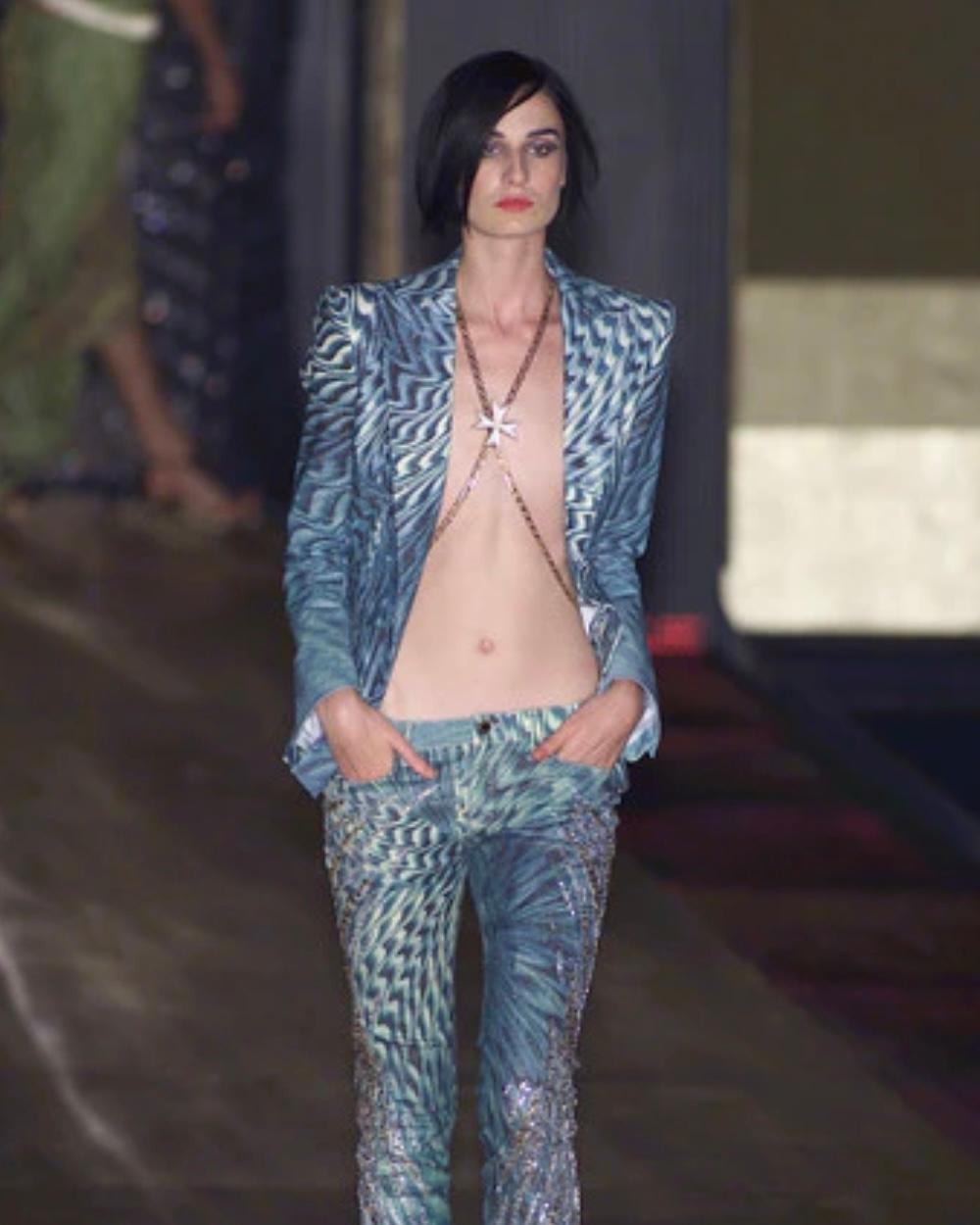 2001 Roberto Cavalli Blazer aus Baumwollköper mit psychedelischem Druck in Türkisblau im Angebot 1