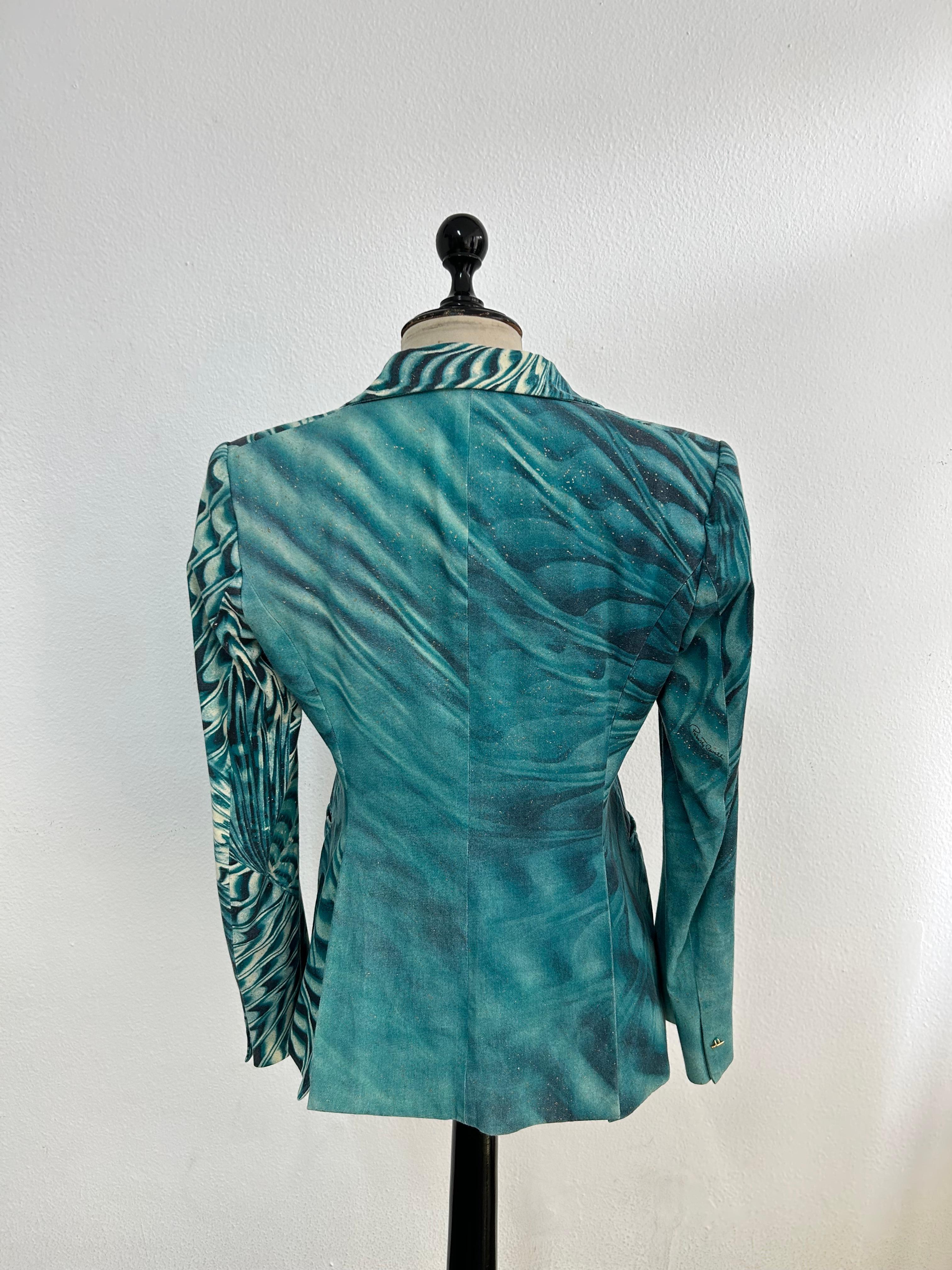 2001 Roberto Cavalli Teal Blue Psychedelic Print Cotton Twill Blazer For Sale 2
