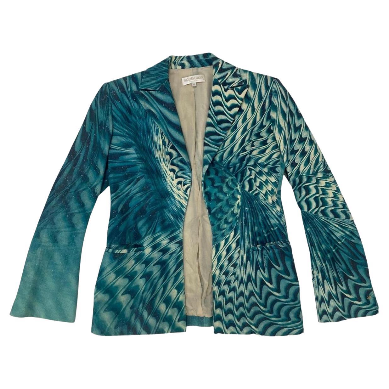 2001 Roberto Cavalli Teal Blue Psychedelic Print Cotton Twill Blazer For Sale