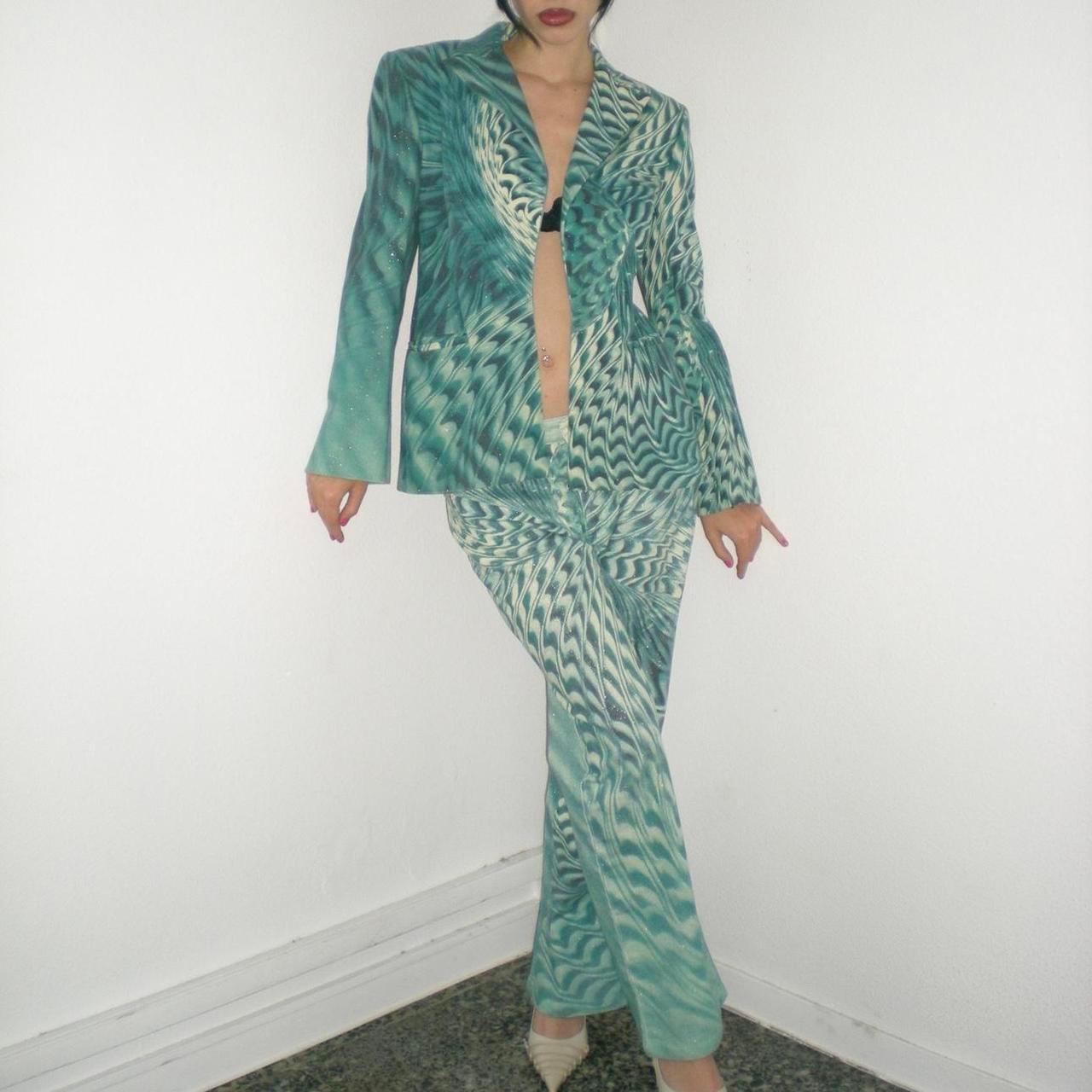 2001 Roberto Cavalli - Pantalon en sergé de coton imprimé psychédélique - Bleu sarcelle Pour femmes en vente