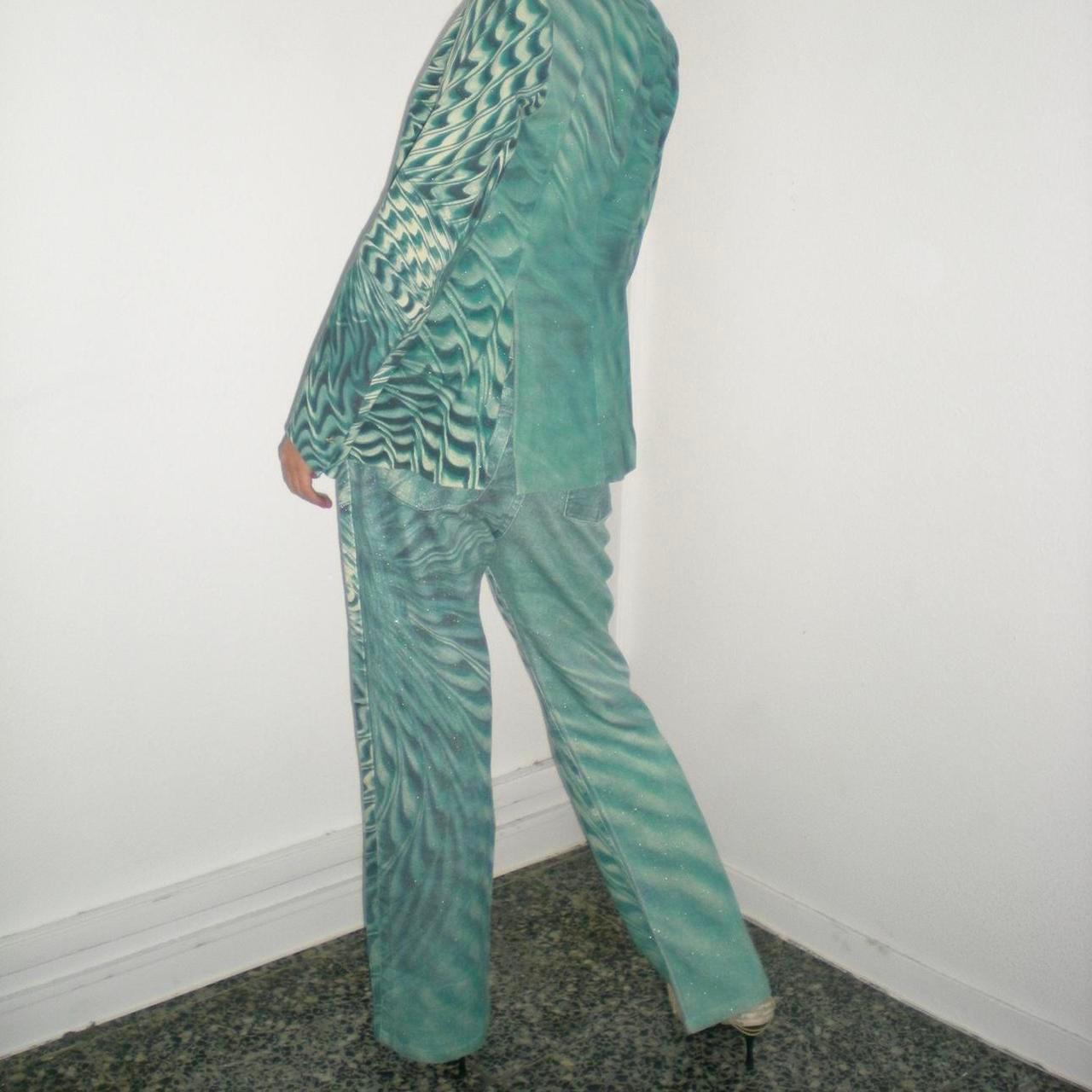 2001 Roberto Cavalli - Pantalon en sergé de coton imprimé psychédélique - Bleu sarcelle en vente 1
