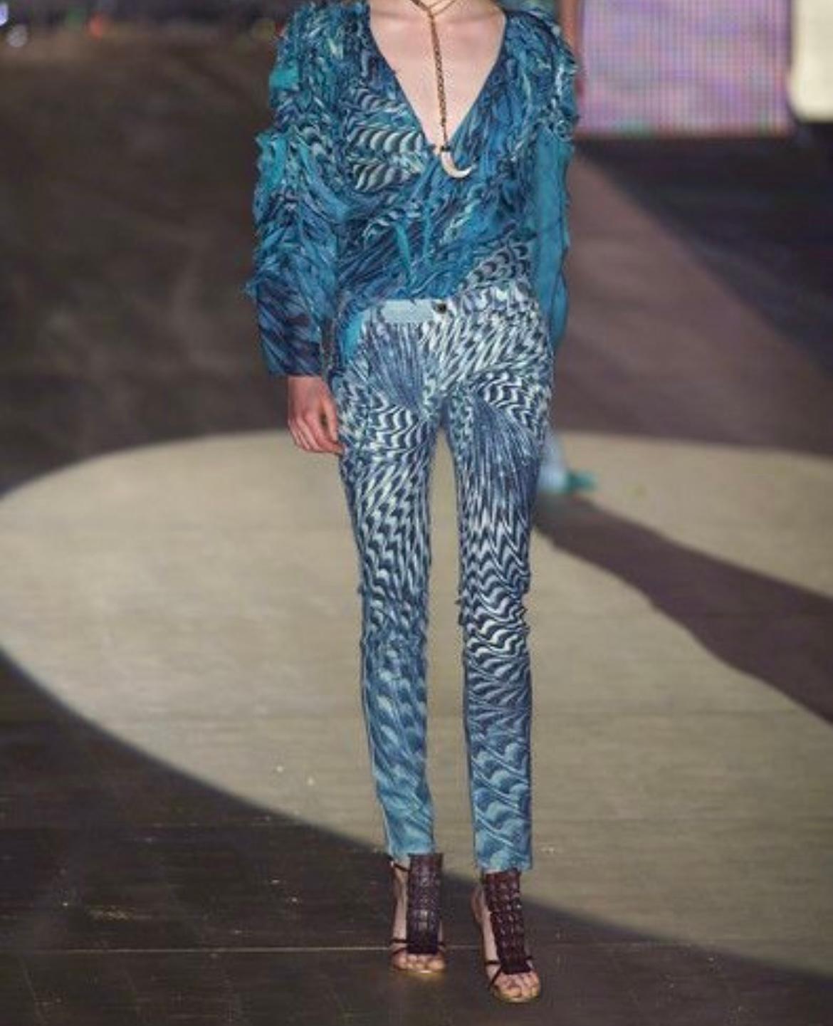 2001 Roberto Cavalli Teal Blue Psychedelic Print Cotton Twill Pants For Sale 2
