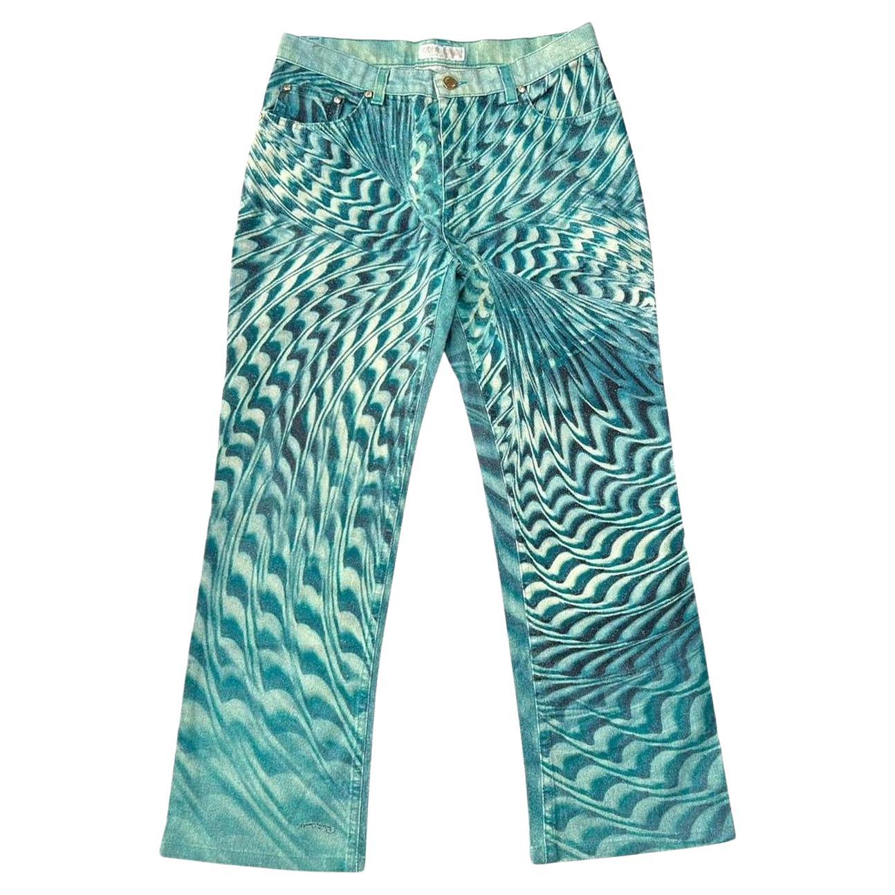 2001 Roberto Cavalli - Pantalon en sergé de coton imprimé psychédélique - Bleu sarcelle en vente