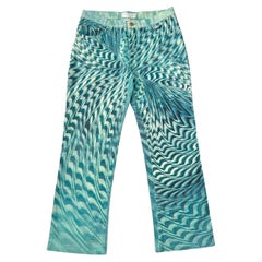 2001 Roberto Cavalli Teal Blue Psychedelic Print Cotton Twill Pants