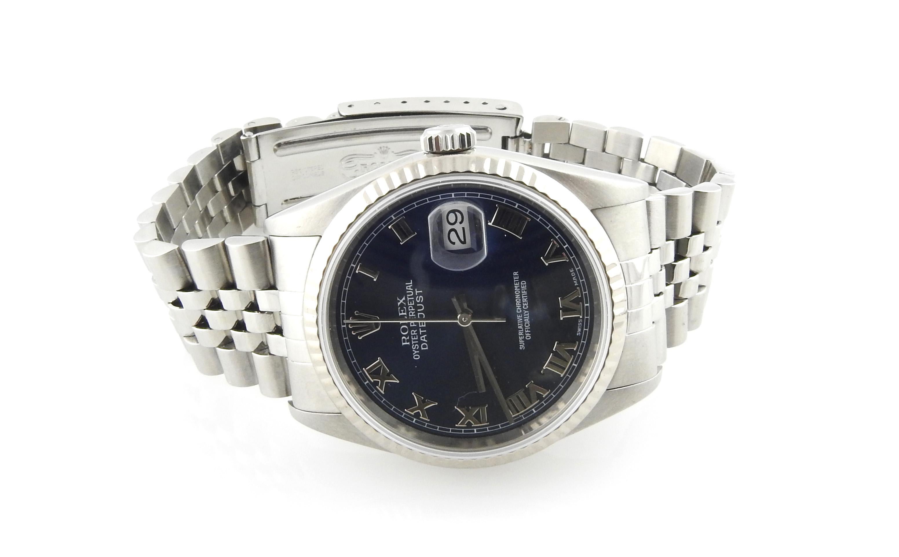 2001 Rolex Men's Datejust Blue Roman Dial Jubilee Band 16234 Watch In Good Condition In Washington Depot, CT