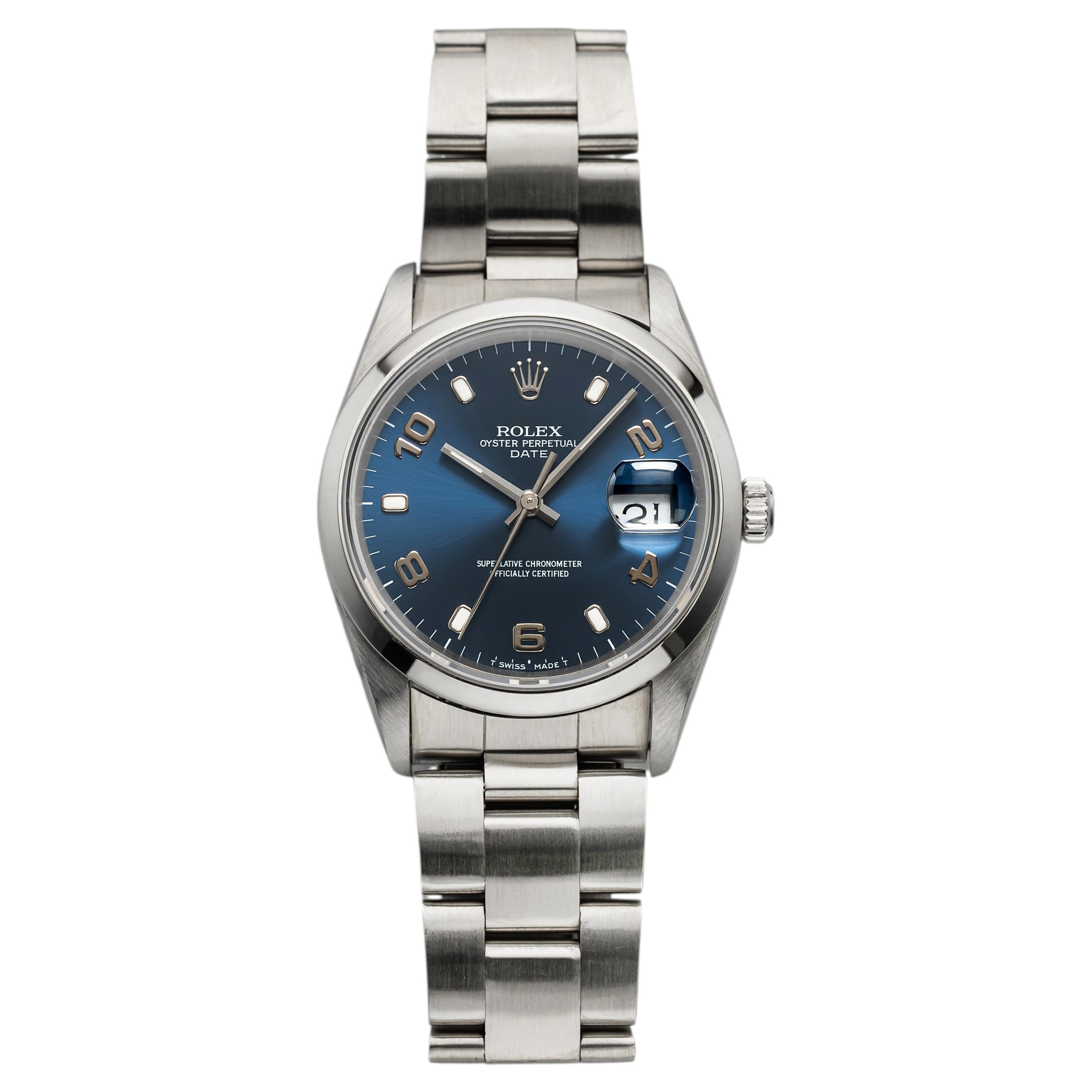 2001 Rolex Oyster Perpetual Date 15200 Acero Esfera Árabe Azul Auto 34 mm