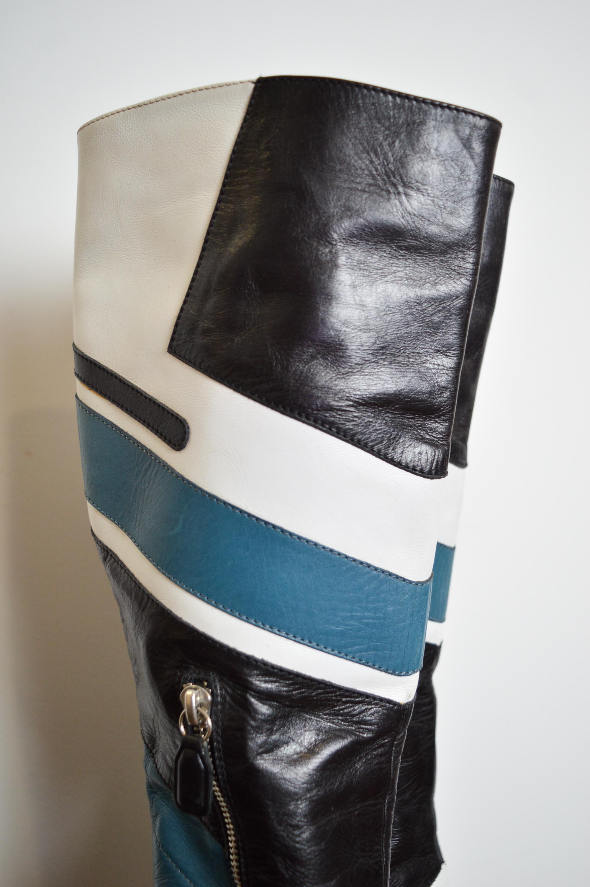 2001 Runway Dolce & Gabbana Blue Black Leather knee high Moto stiletto boots 9