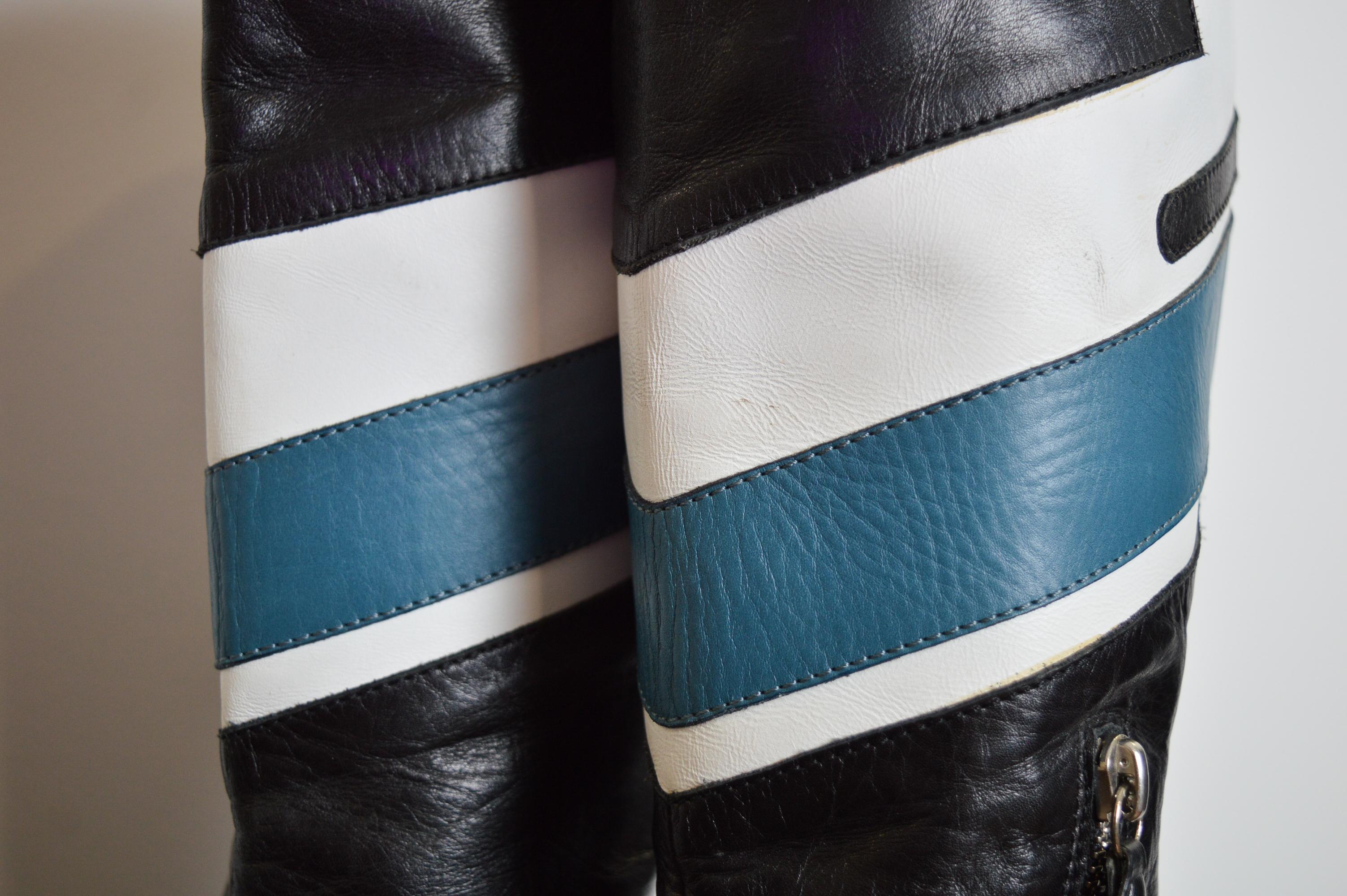 2001 Runway Dolce & Gabbana Blue Black Leather knee high Moto stiletto boots 11