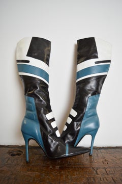 2001 Runway Dolce & Gabbana Blue Black Leather knee high Moto stiletto boots