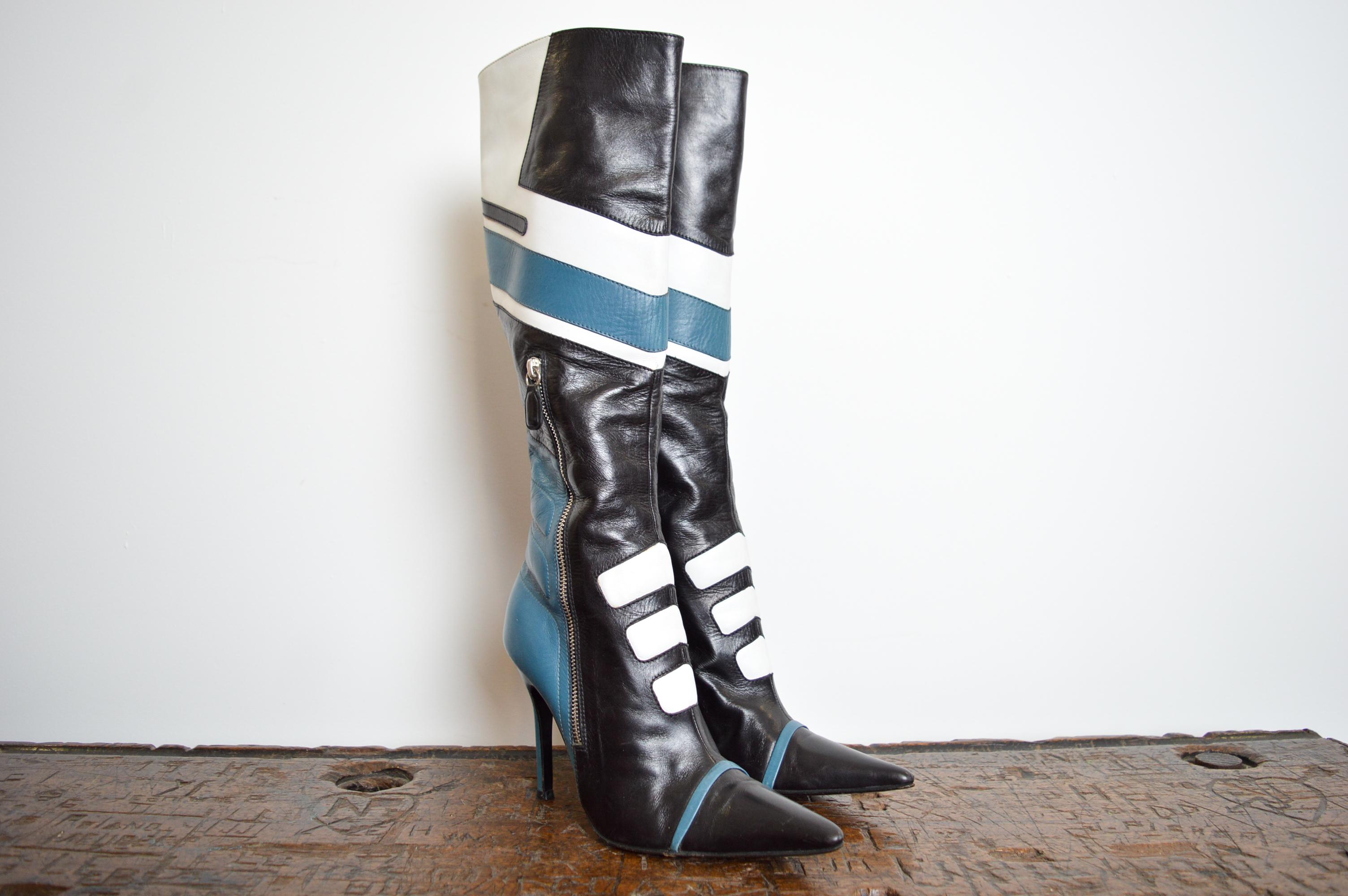Women's 2001 Runway Dolce & Gabbana Blue Black Leather knee high Moto stiletto boots