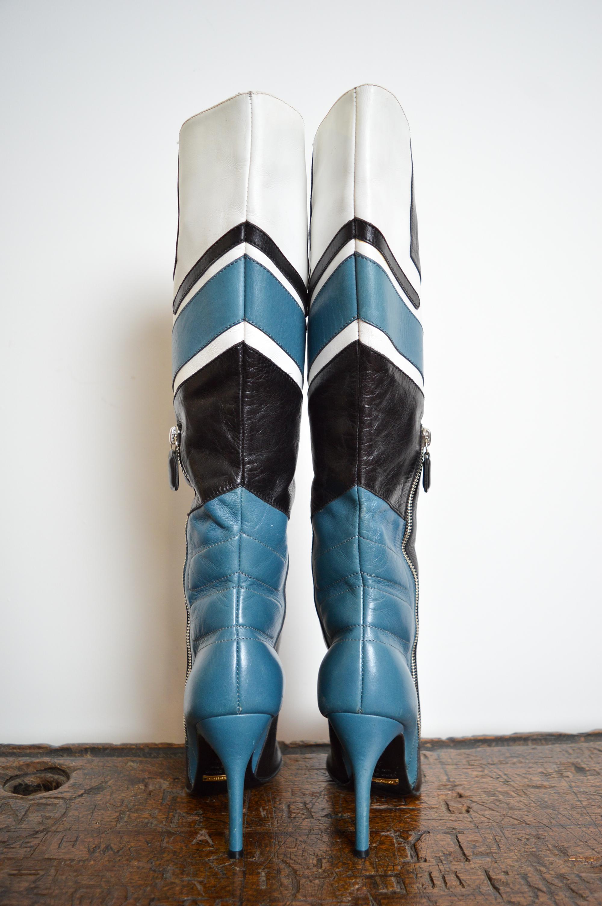 2001 Runway Dolce & Gabbana Blue Black Leather knee high Moto stiletto boots 2