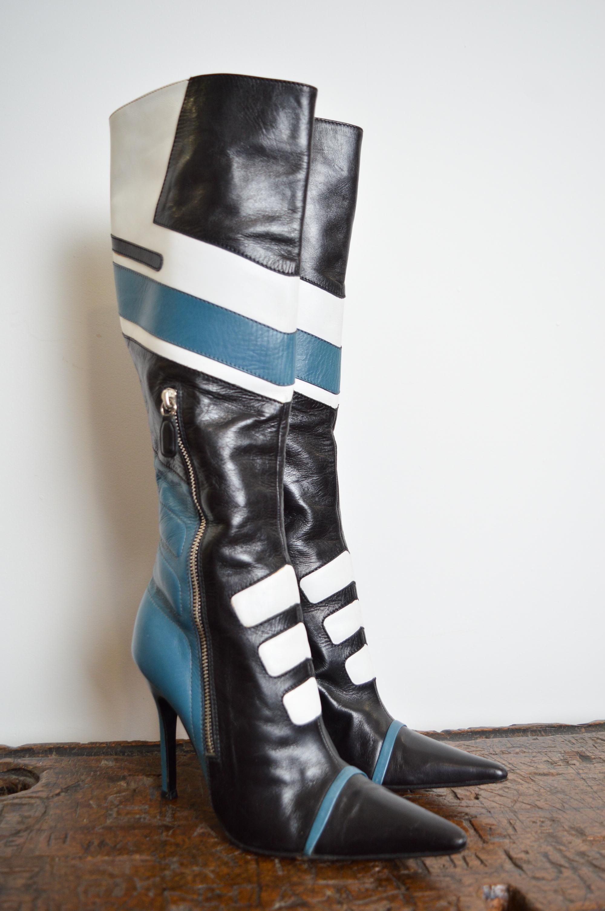 2001 Runway Dolce & Gabbana Blue Black Leather knee high Moto stiletto boots 3