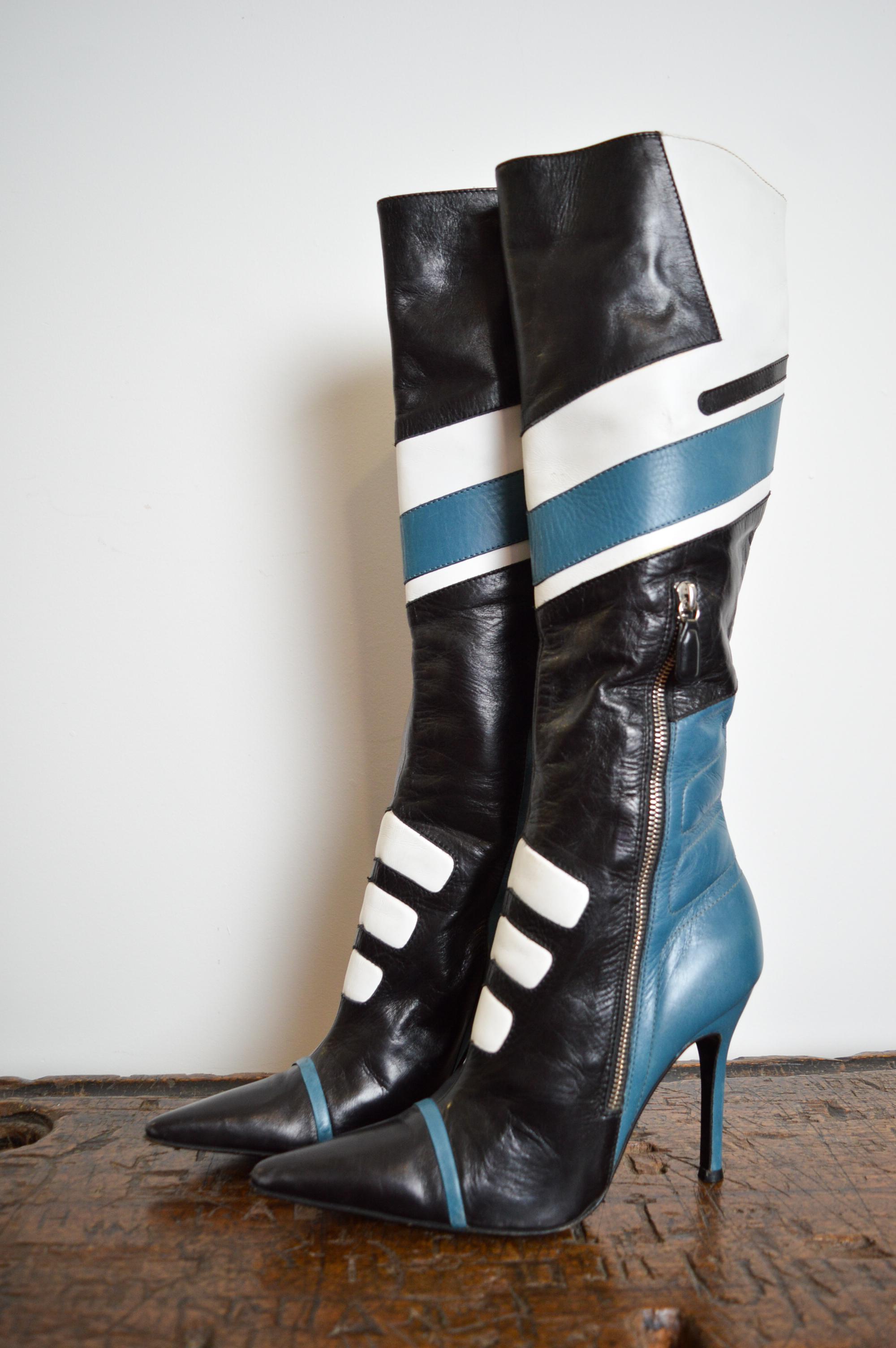 2001 Runway Dolce & Gabbana Blue Black Leather knee high Moto stiletto boots 5