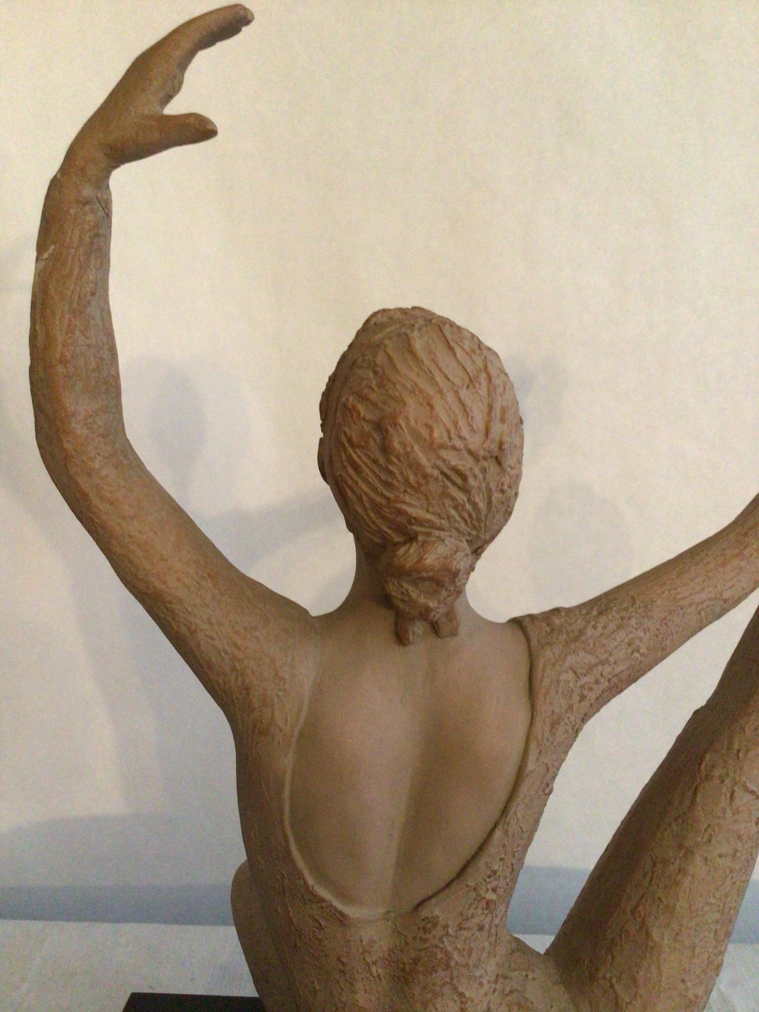 2001 Terracotta Sculpture On Wood Base Of A Ballerina Dancer Stamped AMR For Sale 6