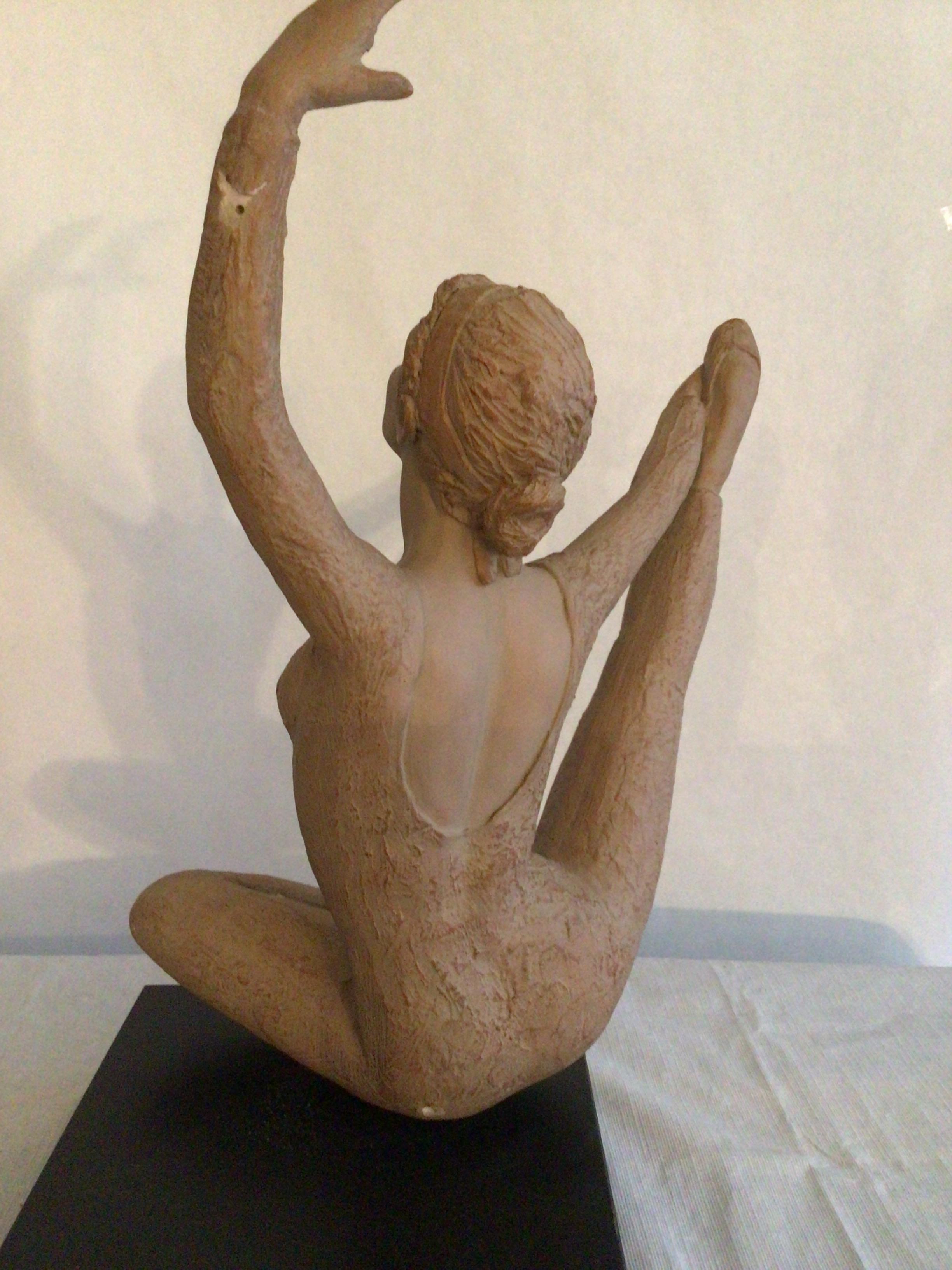 2001 Terracotta Sculpture On Wood Base Of A Ballerina Dancer Stamped AMR For Sale 7