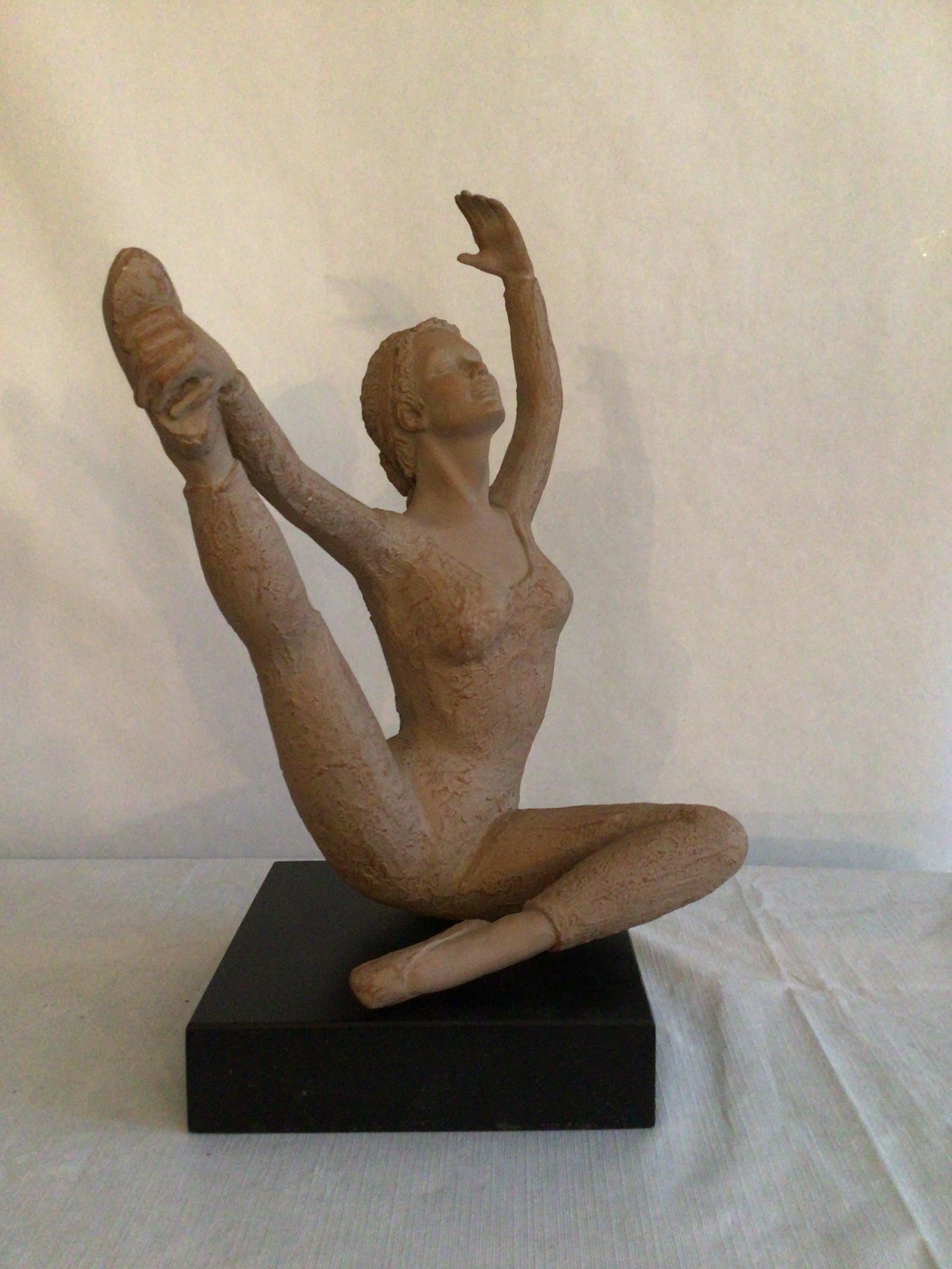 2001 Terracotta Sculpture On Wood Base Of A Ballerina Dancer Stamped AMR In Good Condition For Sale In Tarrytown, NY