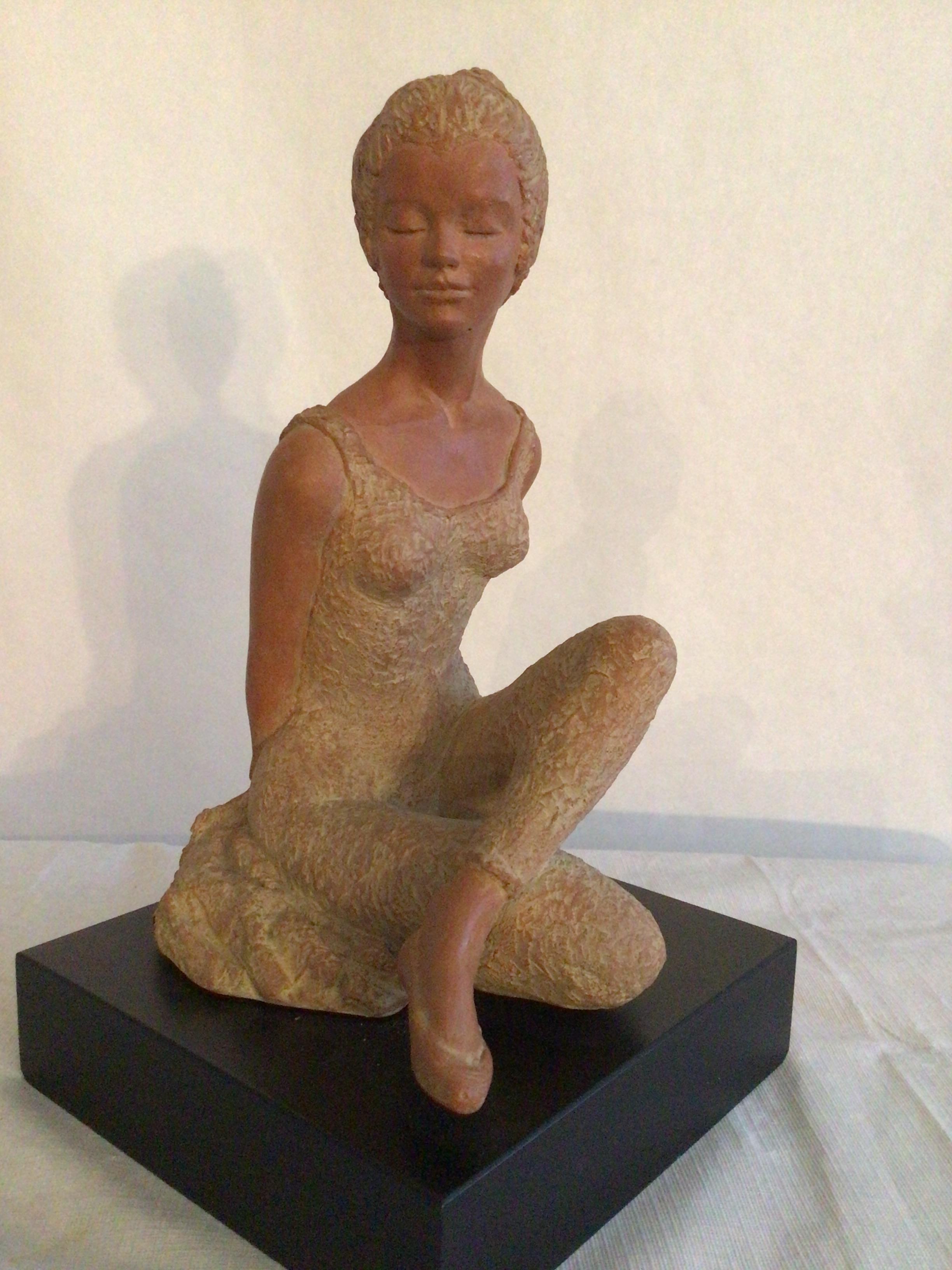 2001 Terracotta Sculpture On Wood Base Of A Ballerina Dancer  Stamped AMR In Good Condition For Sale In Tarrytown, NY