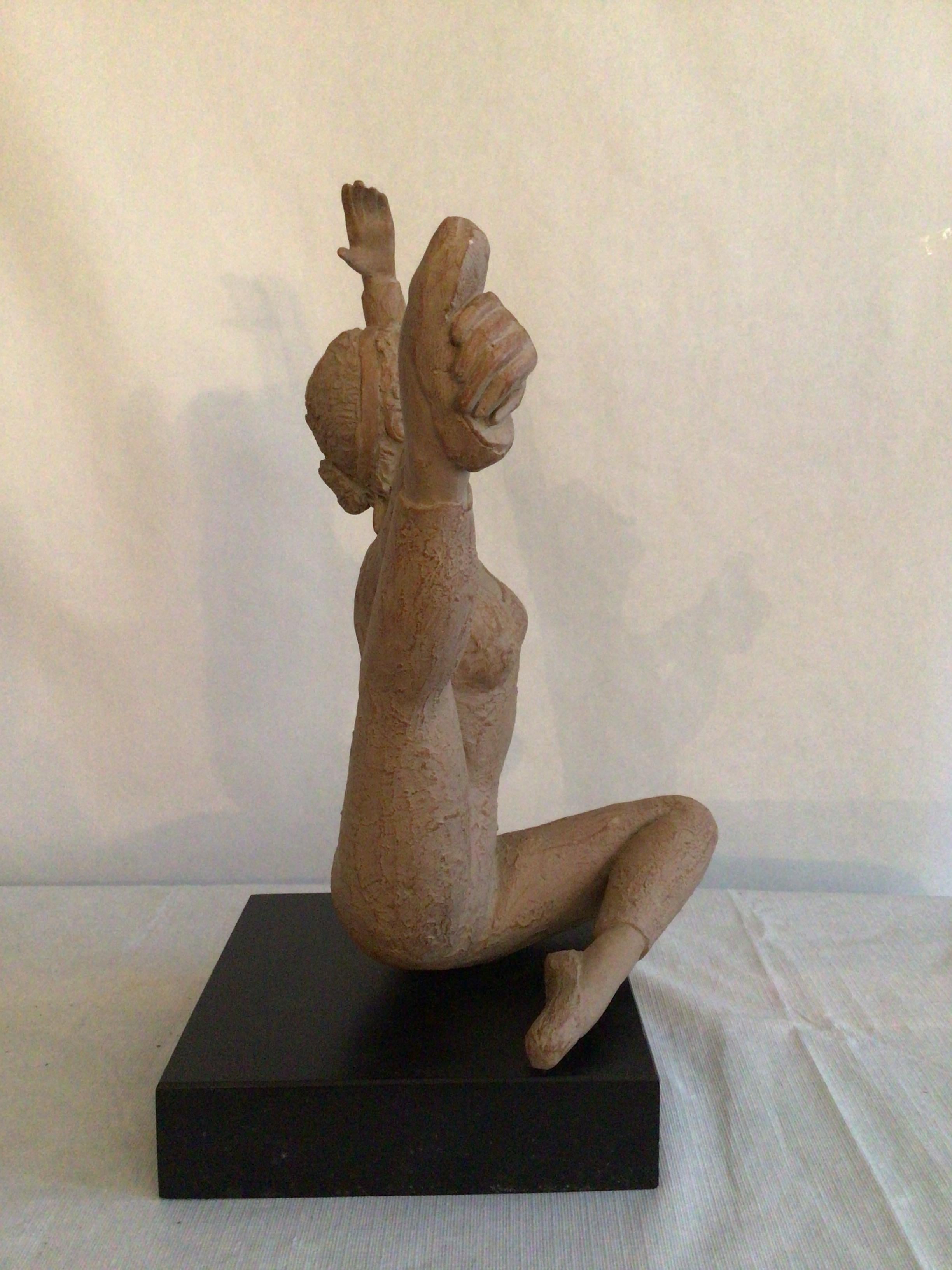 Contemporary 2001 Terracotta Sculpture On Wood Base Of A Ballerina Dancer Stamped AMR For Sale