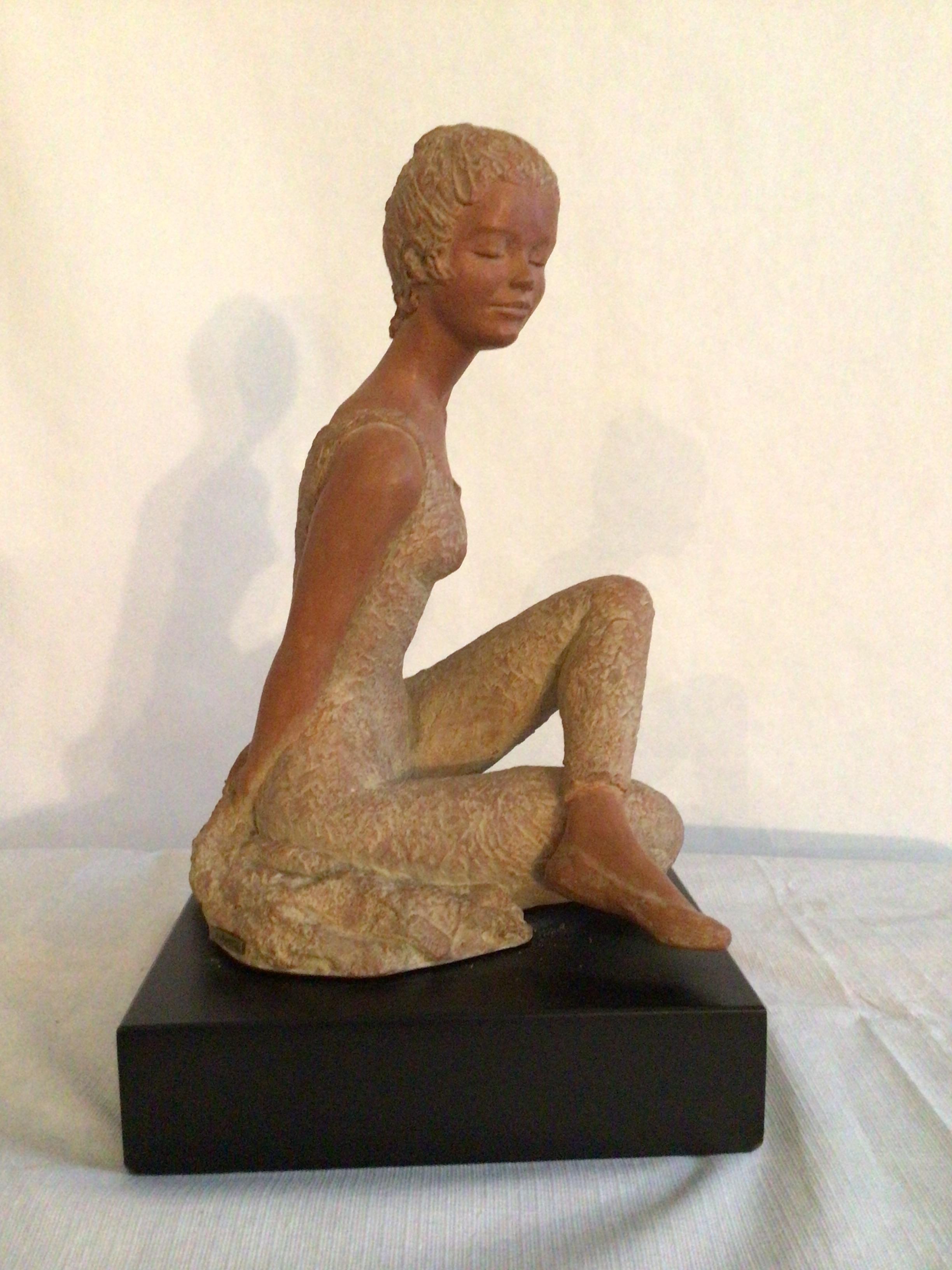 Contemporary 2001 Terracotta Sculpture On Wood Base Of A Ballerina Dancer  Stamped AMR For Sale