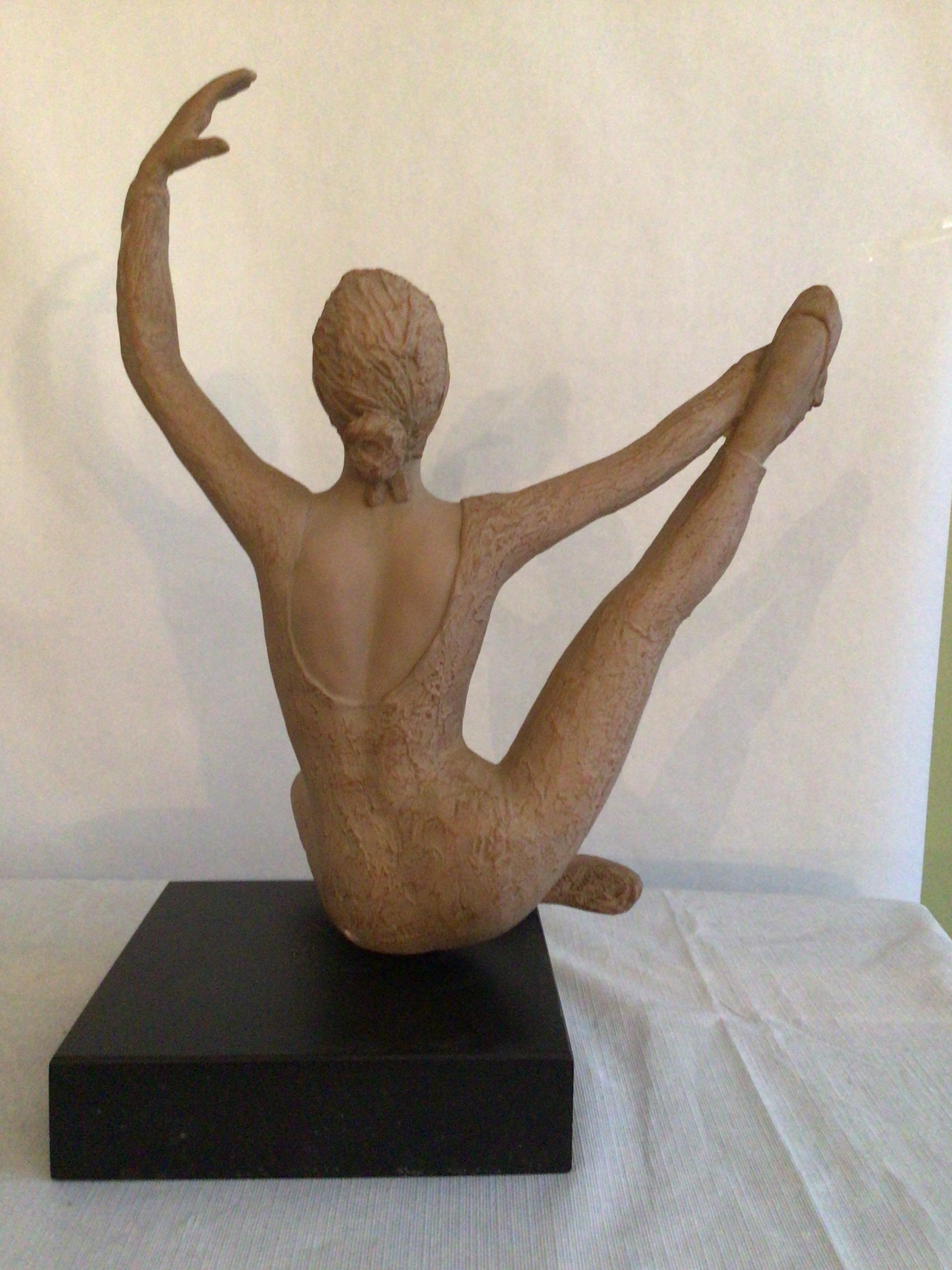 2001 Terracotta Sculpture On Wood Base Of A Ballerina Dancer Stamped AMR For Sale 1