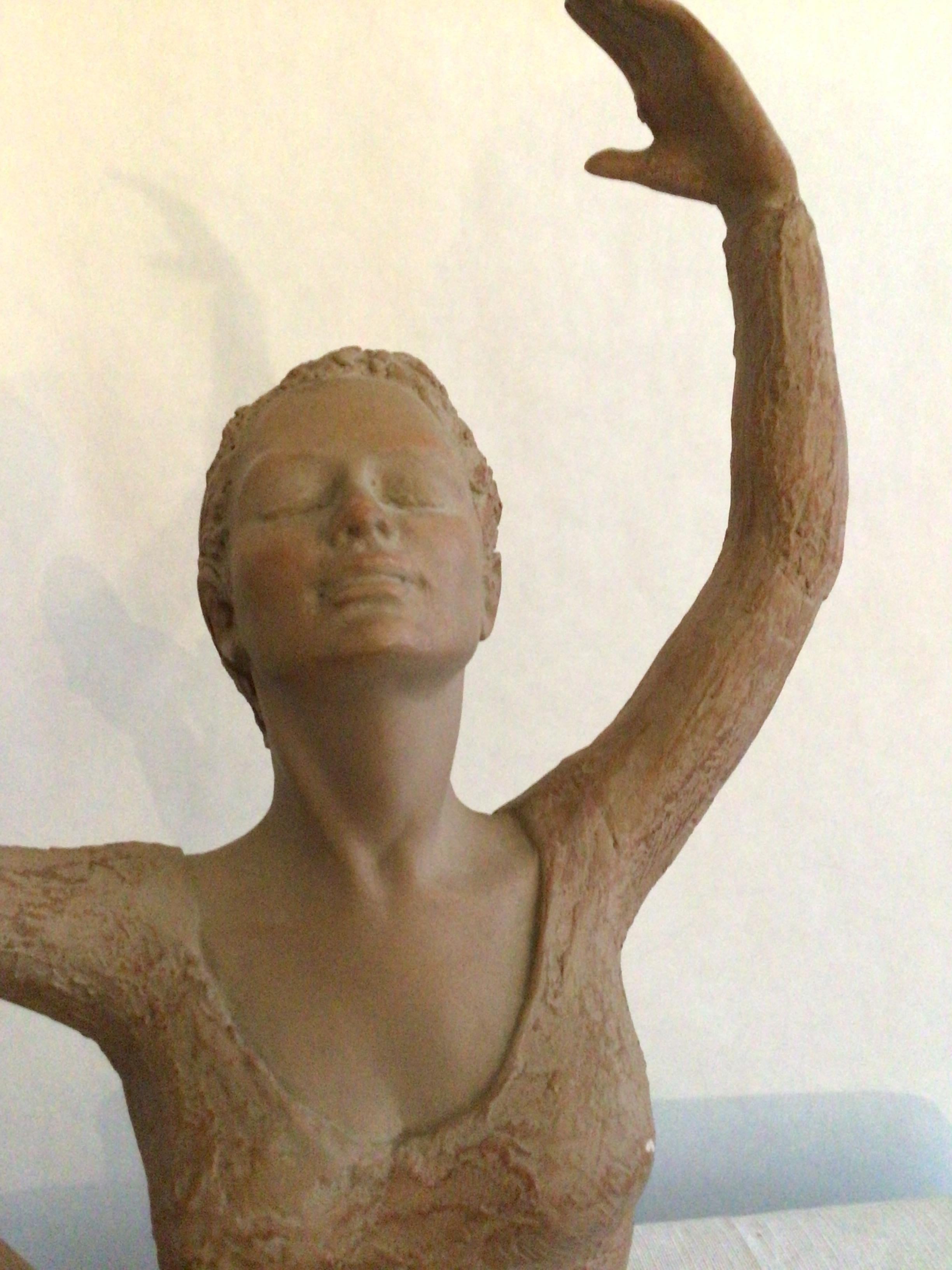 2001 Terracotta Sculpture On Wood Base Of A Ballerina Dancer Stamped AMR For Sale 1