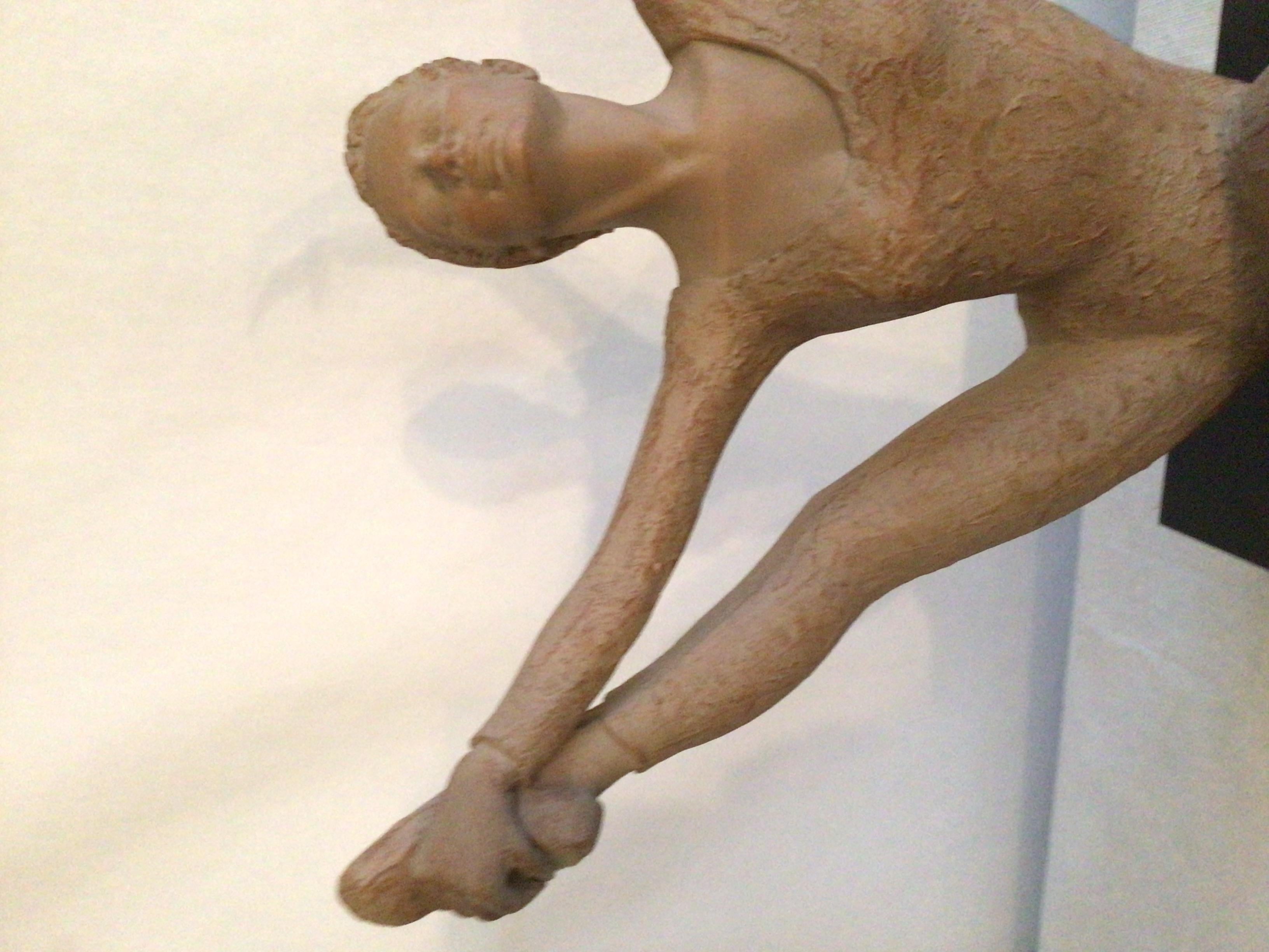 2001 Terracotta Sculpture On Wood Base Of A Ballerina Dancer Stamped AMR For Sale 2