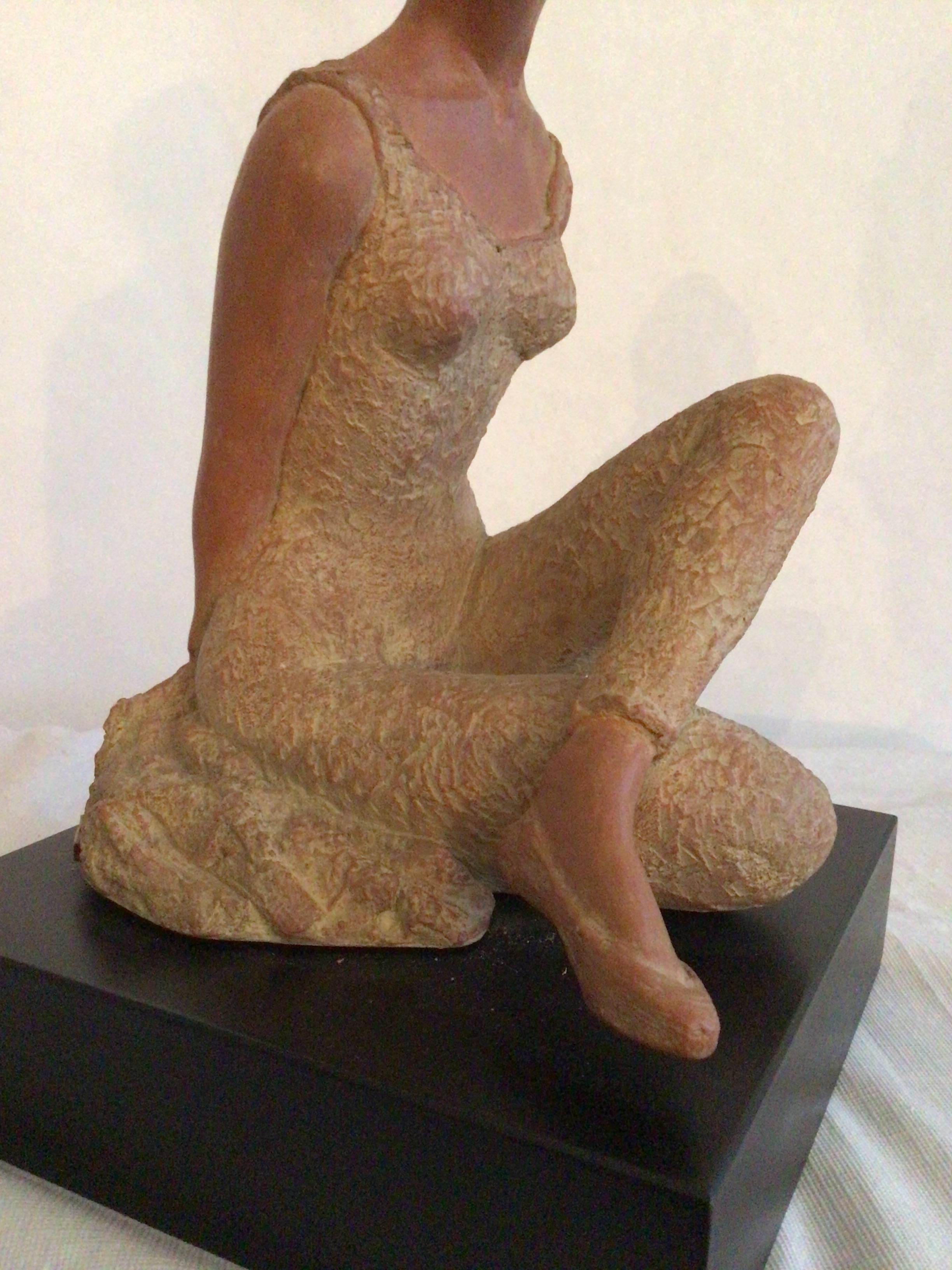 2001 Terracotta Sculpture On Wood Base Of A Ballerina Dancer  Stamped AMR For Sale 3