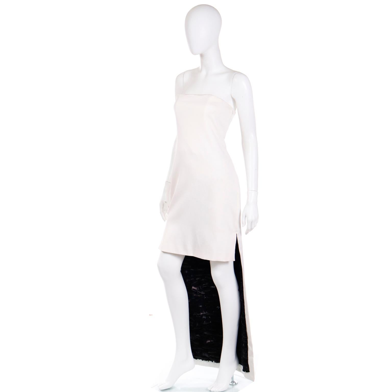 Gray 2001 Tom Ford for Yves Saint Laurent Strapless White Dress w Black Feather Train